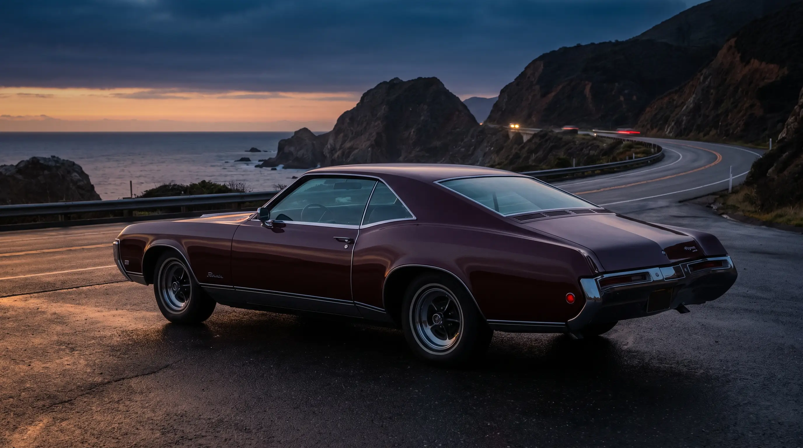 Burgundy 1969 Buick Riviera fastback on a coastal highway at dusk
