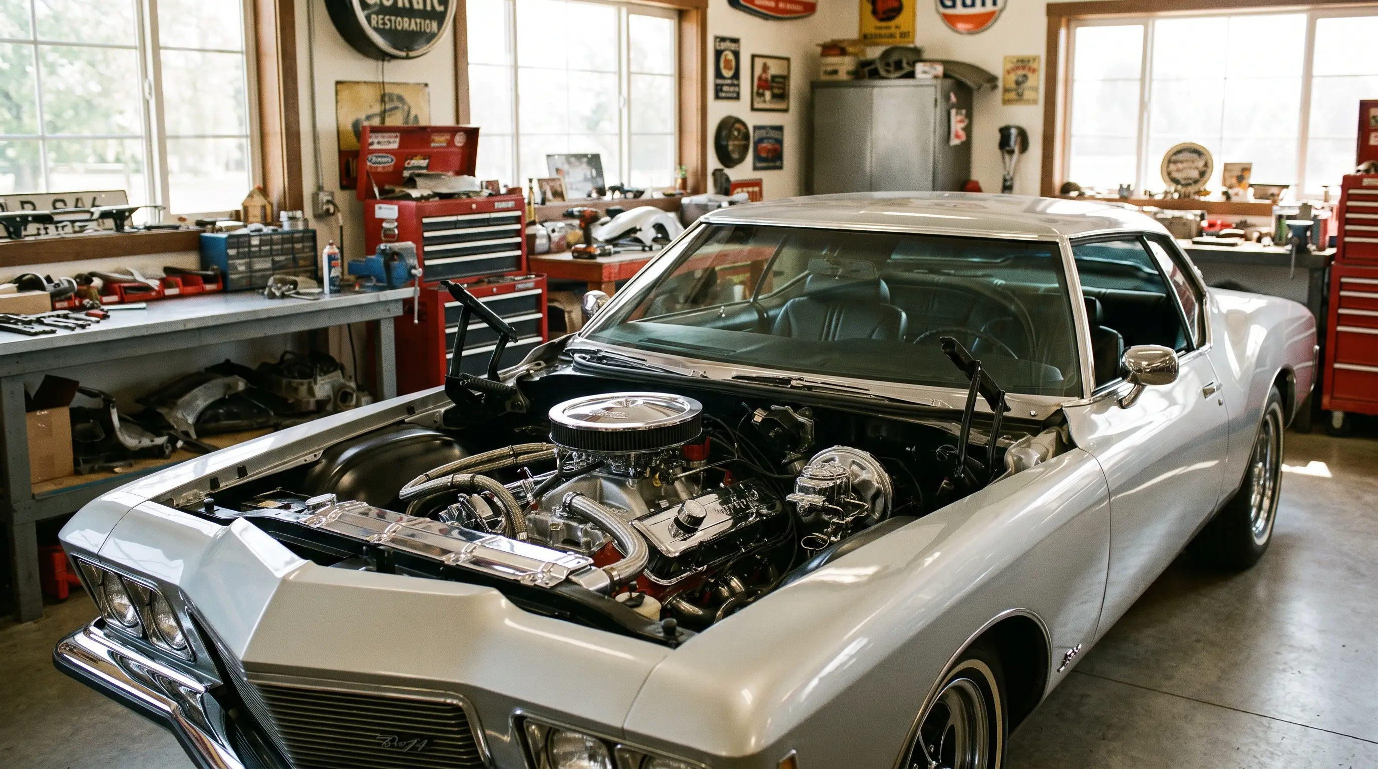 Silver 1971 Riviera boat tail with open hood showing big block V8 in a shop
