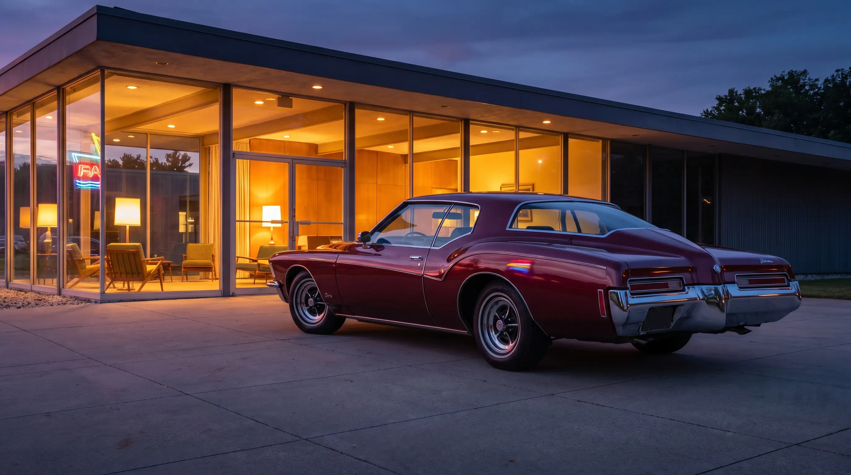 Burgundy 1971 Buick Riviera boat tail coupe outside a mid century showroom at dusk