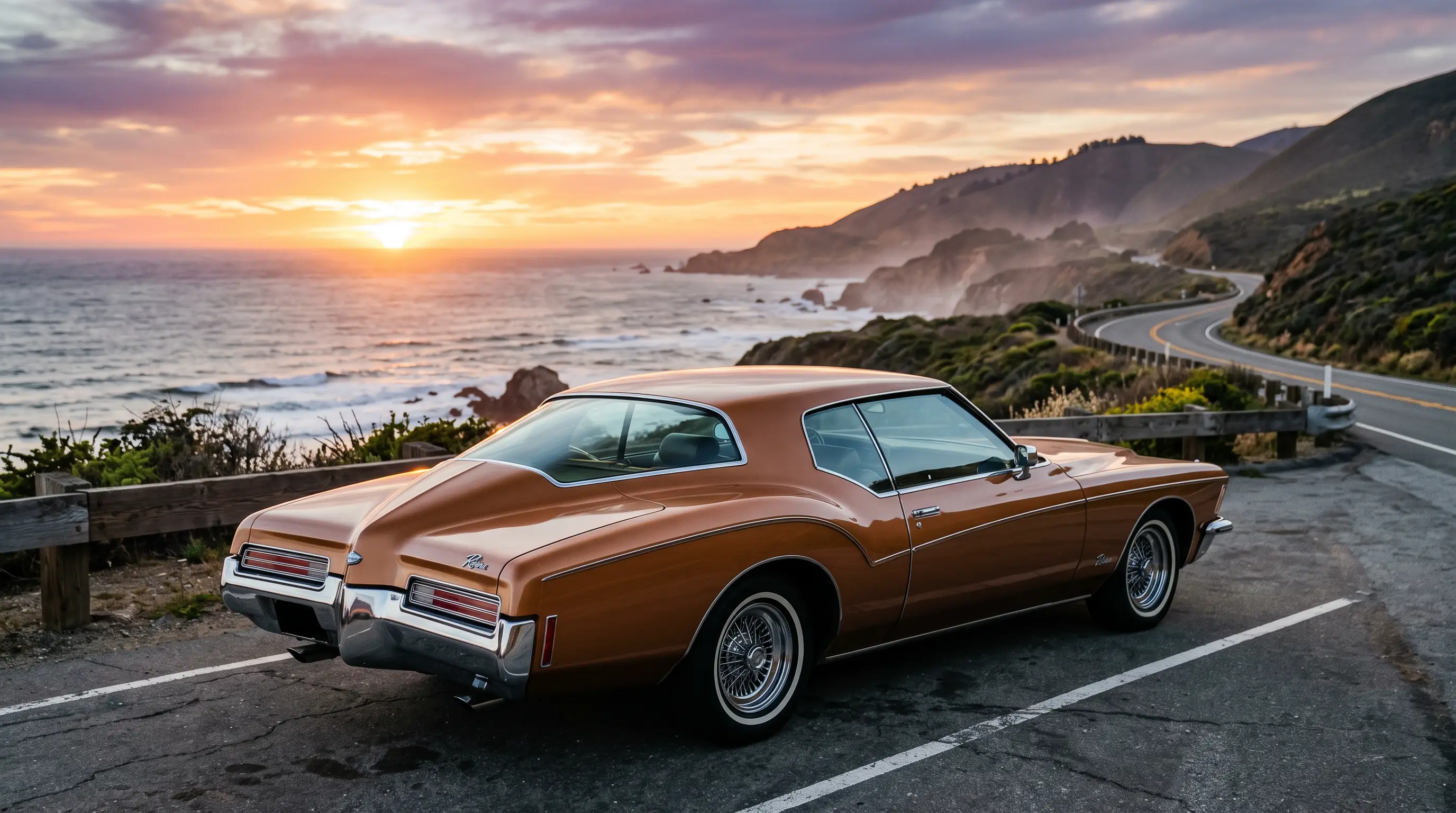 Bronze 1971 Buick Riviera boat tail coupe on a coastal highway overlook at sunset