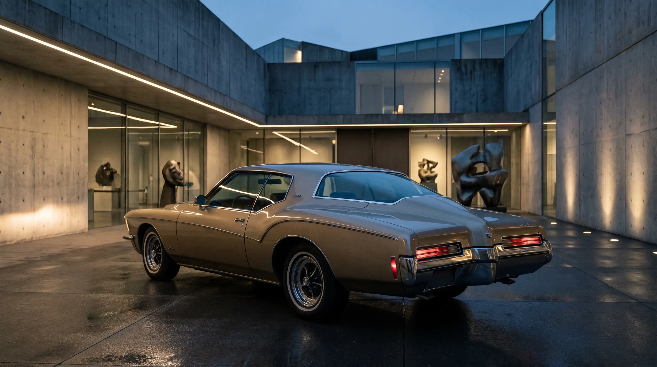 1971 Buick Riviera boat tail coupe in a museum courtyard under architectural lighting