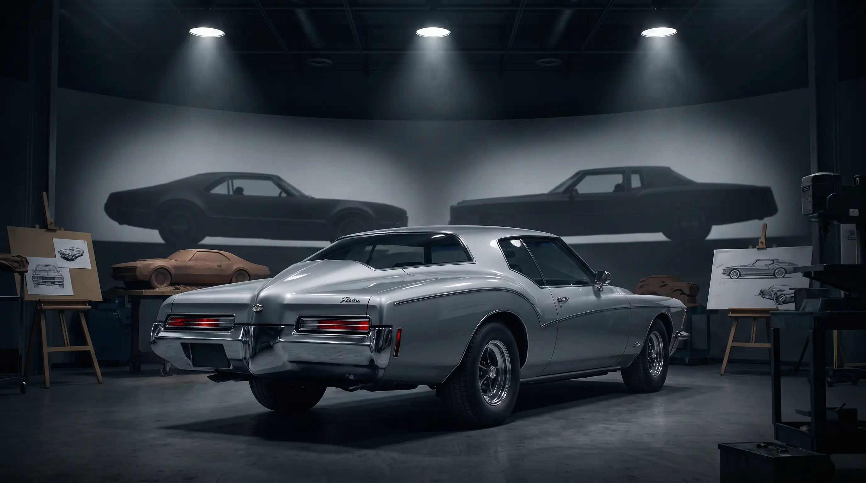 Silver 1971 Buick Riviera boat tail coupe in a dim GM styling studio