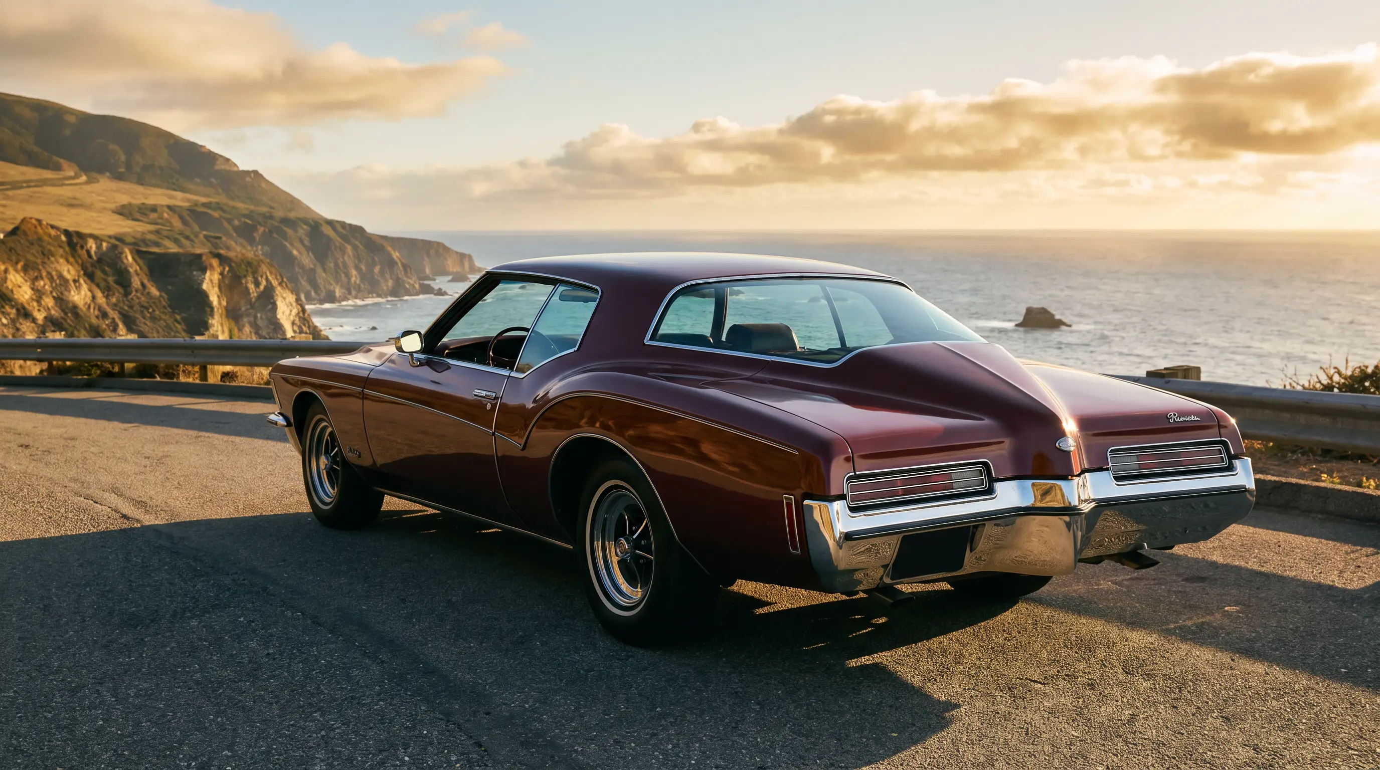 Maroon 1971 Buick Riviera GS 455 boat tail on a coastal road at golden hour