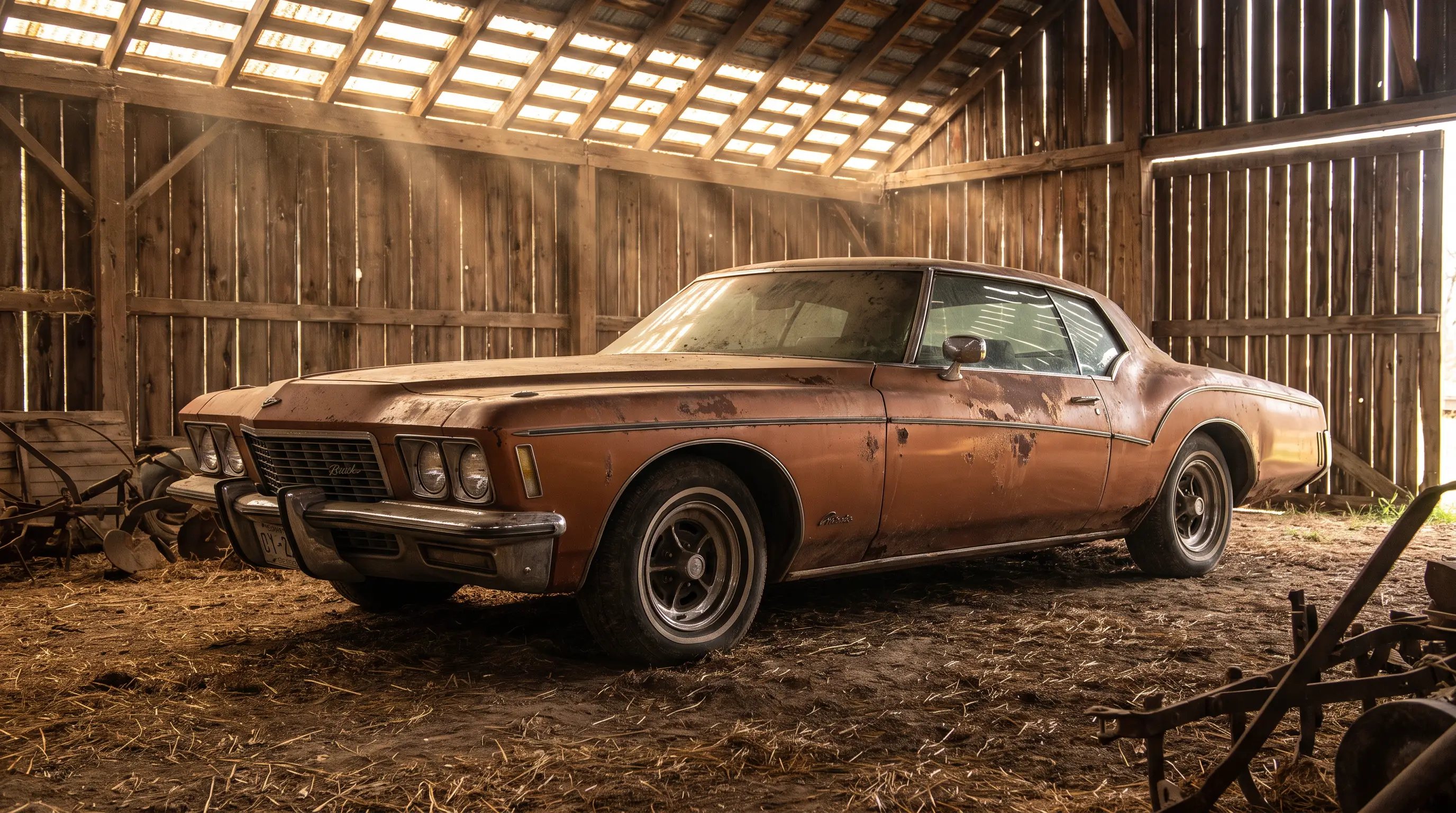 Weathered copper 1971 Buick Riviera boat tail coupe inside an old barn with light beams