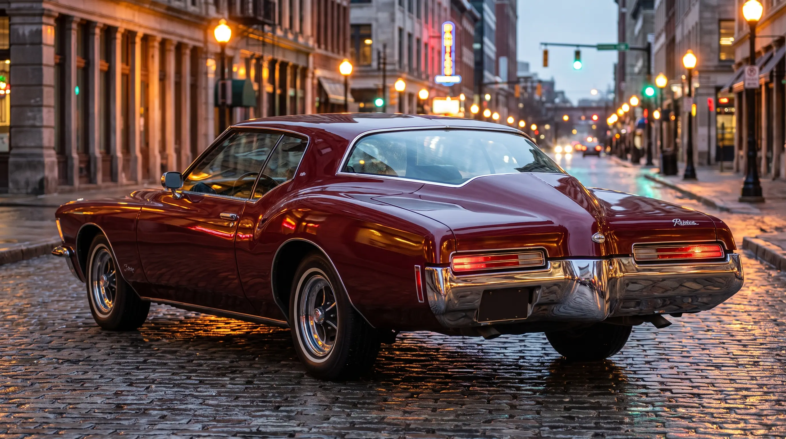 1971 Buick Riviera boat tail coupe on a wet city street at dusk with streetlights reflecting off its body