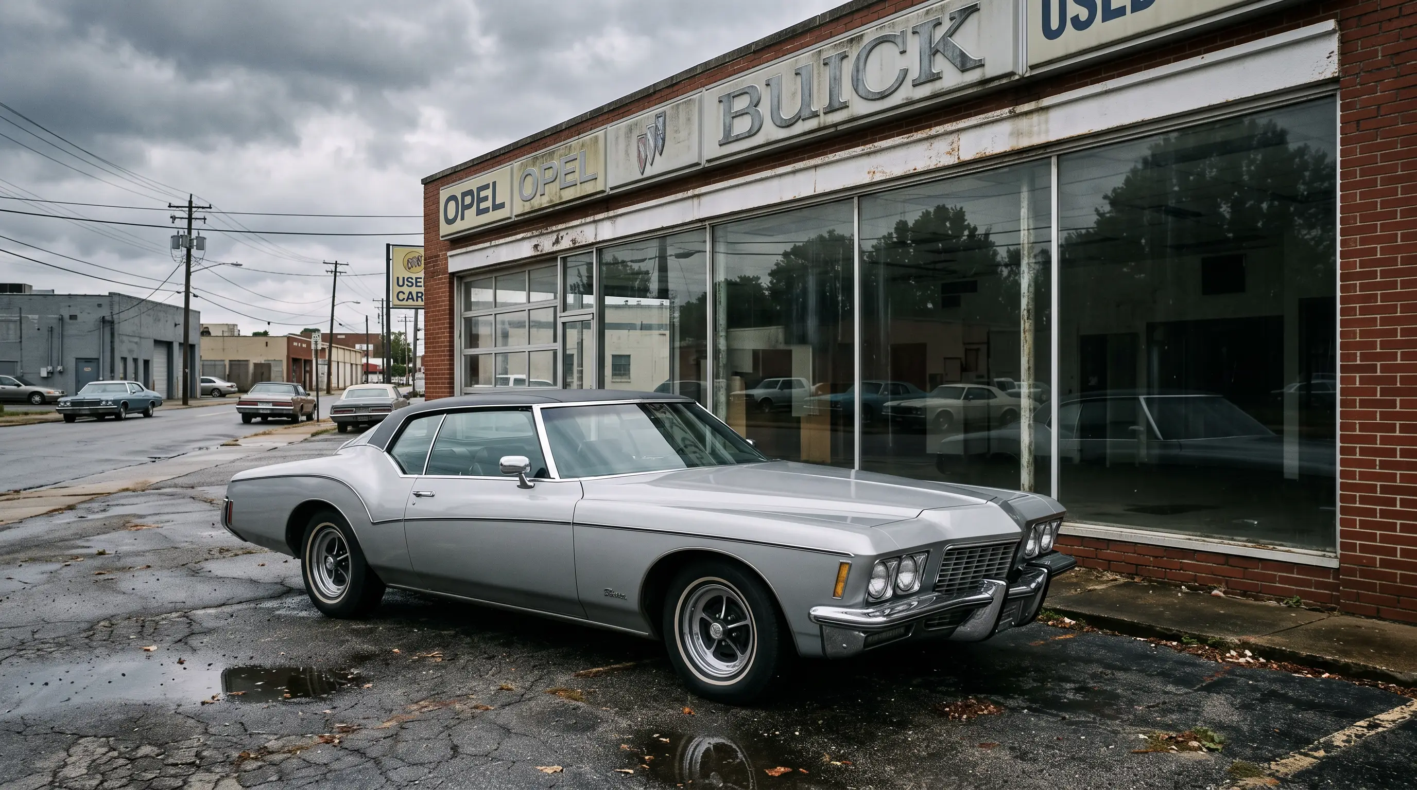 Silver 1971 Buick Riviera boat tail parked outside a period dealership showroom window