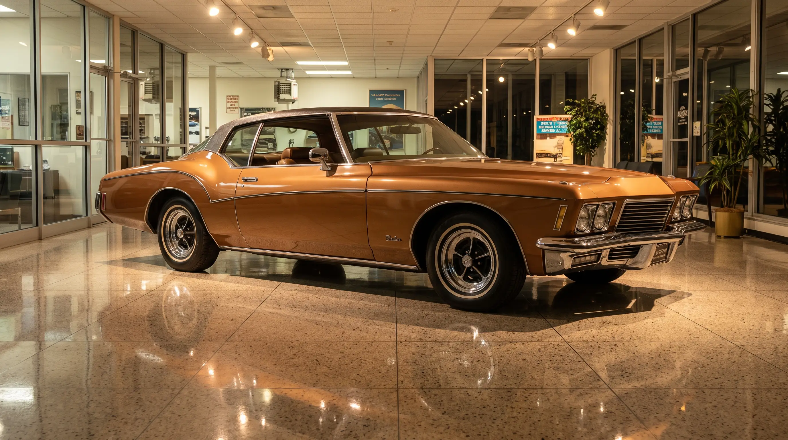 Bronze 1971 Buick Riviera boat tail coupe under bright showroom spotlighting