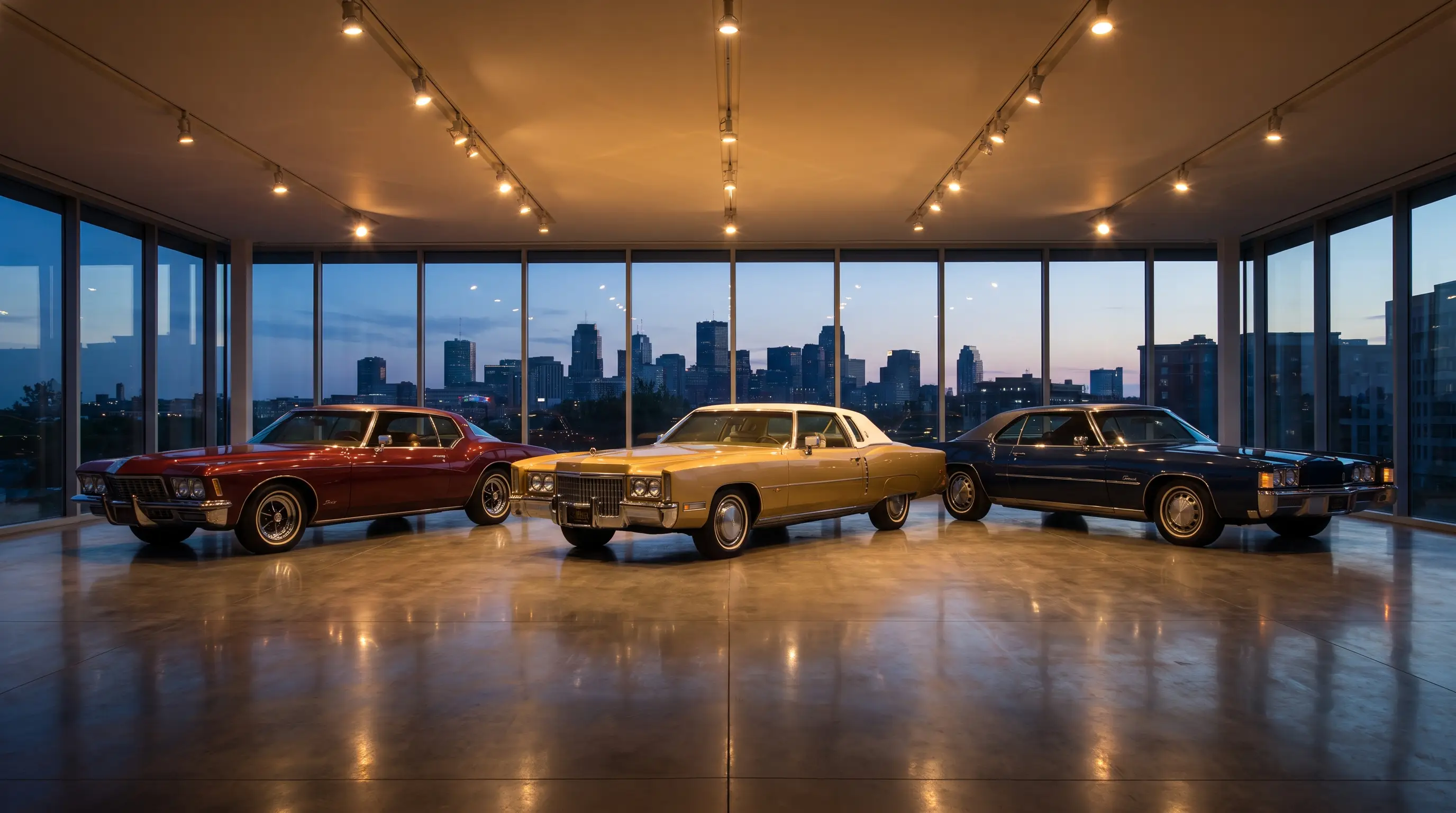 Three 1971 GM luxury coupes, Riviera boat tail, Eldorado and Toronado, lined up at dusk