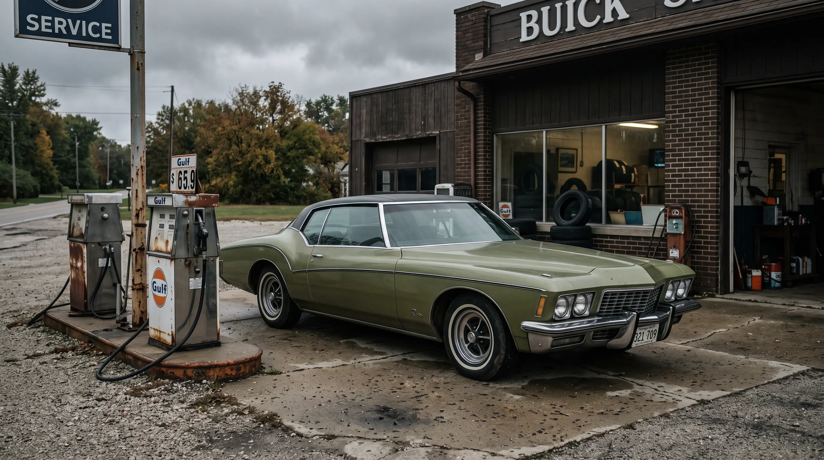 Olive green 1972 Buick Riviera boat tail coupe at a quiet gas station under overcast light