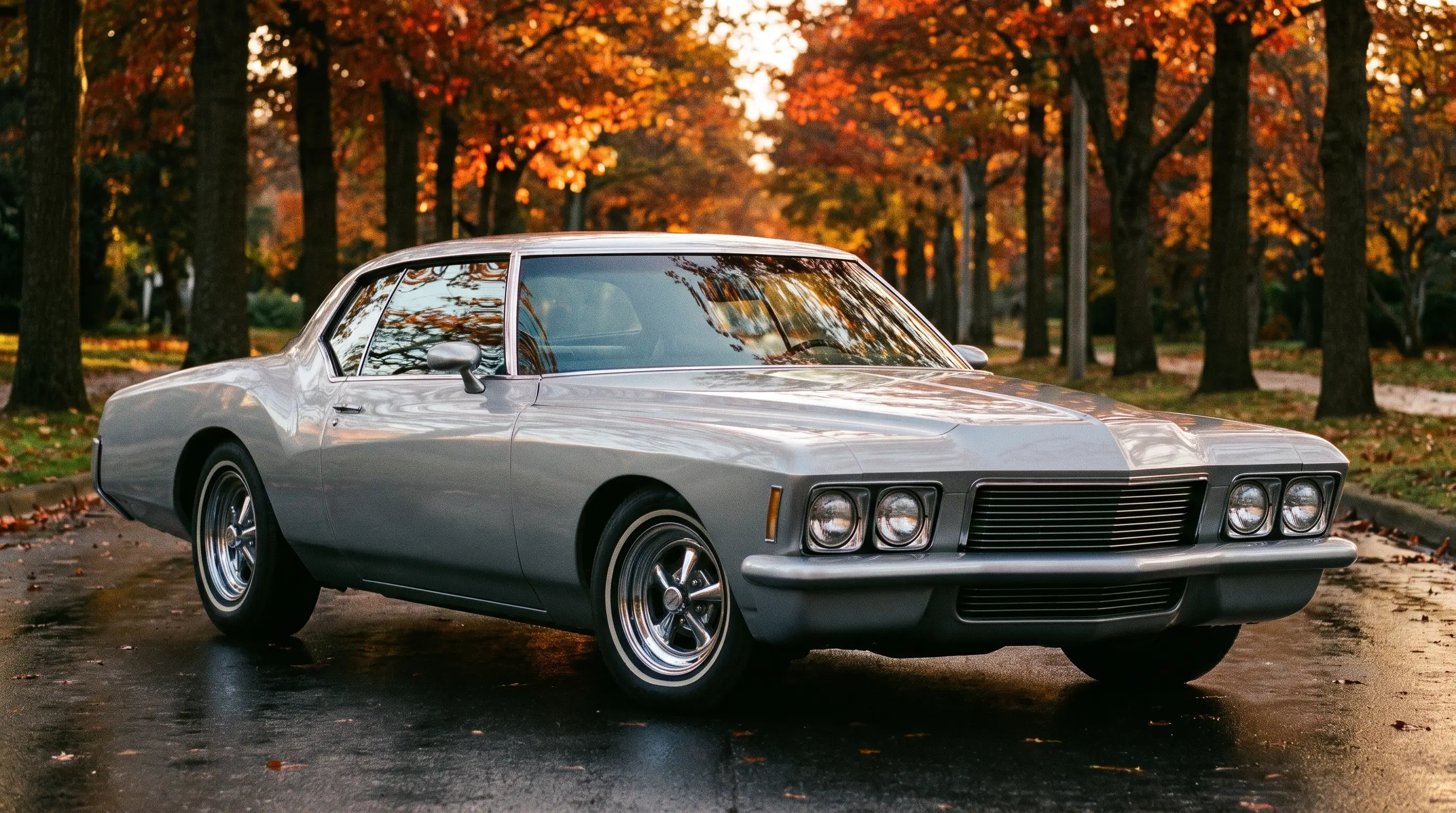 Silver 1972 Buick Riviera boat tail coupe on a tree lined avenue in autumn