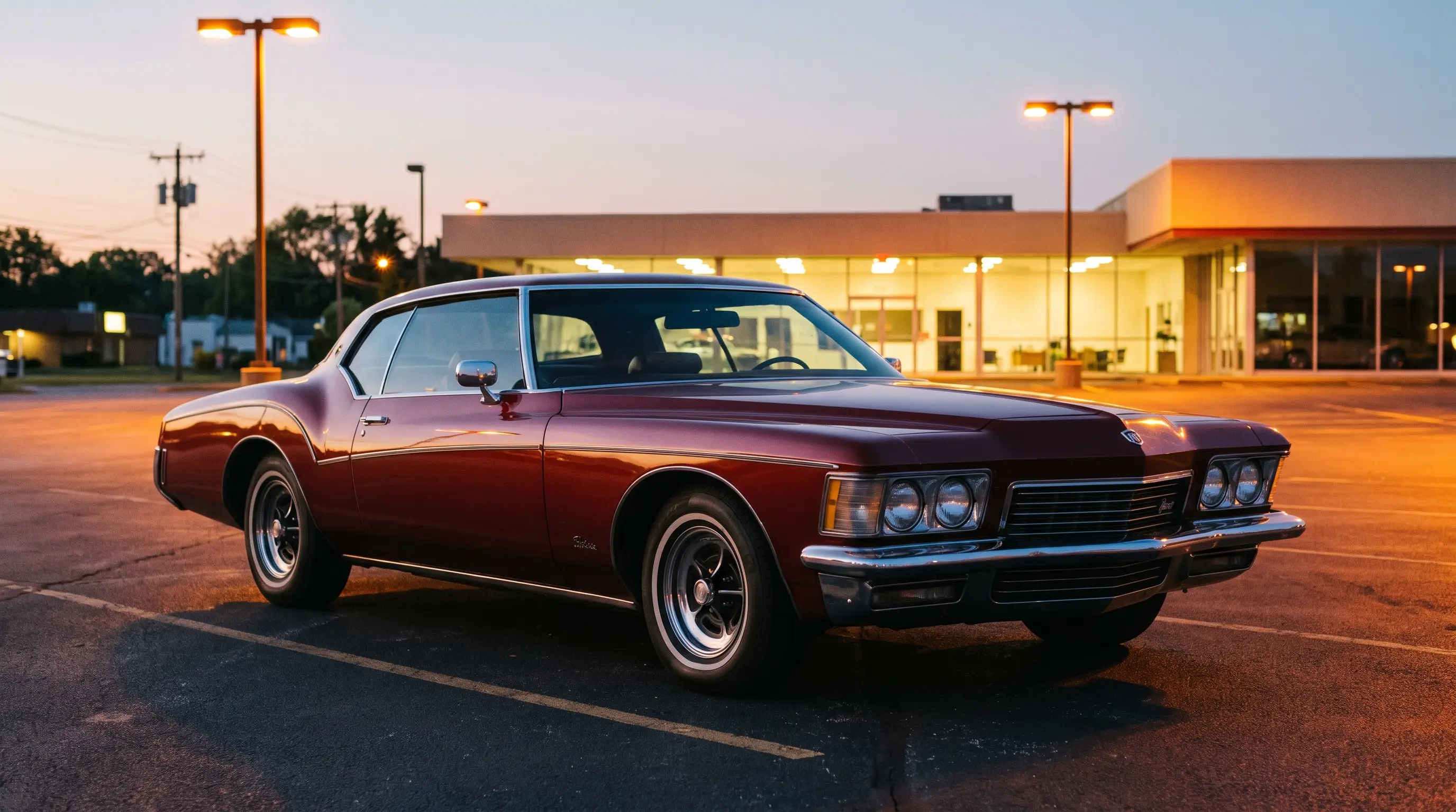 Maroon 1973 Buick Riviera boat tail coupe in a dusk showroom lot