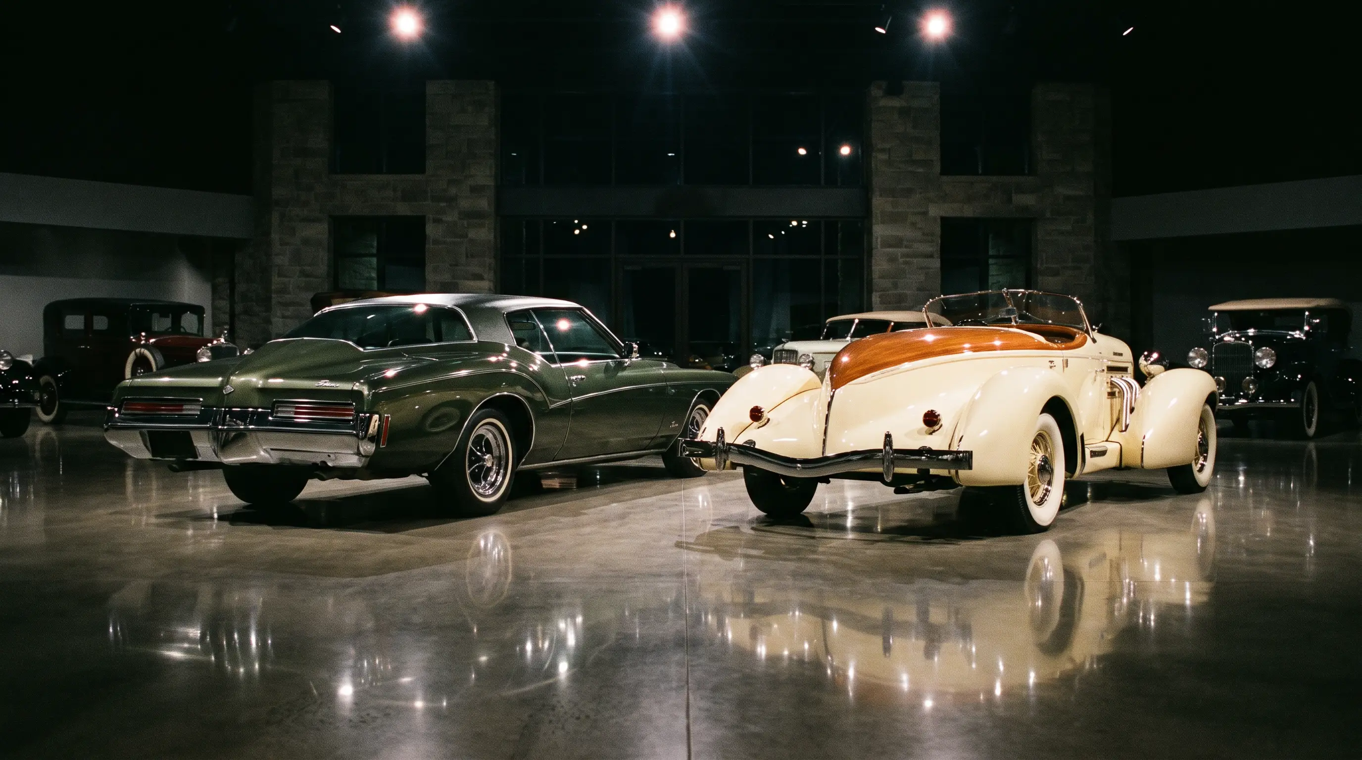 Boat tail Buick Riviera beside a 1935 Auburn Speedster in a museum showroom