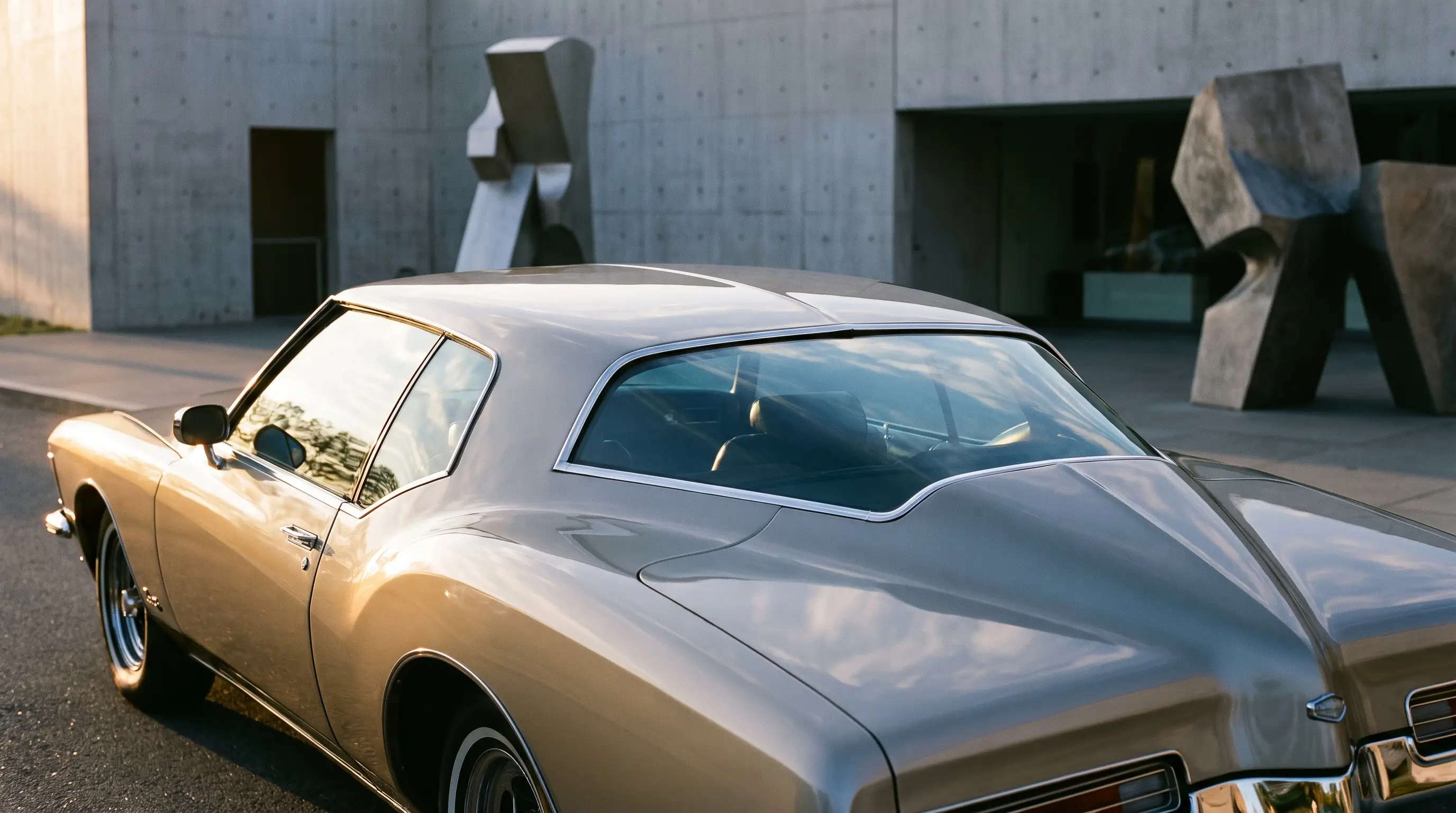 1971 to 1973 Buick Riviera boat tail rear deck lit dramatically against a gallery backdrop