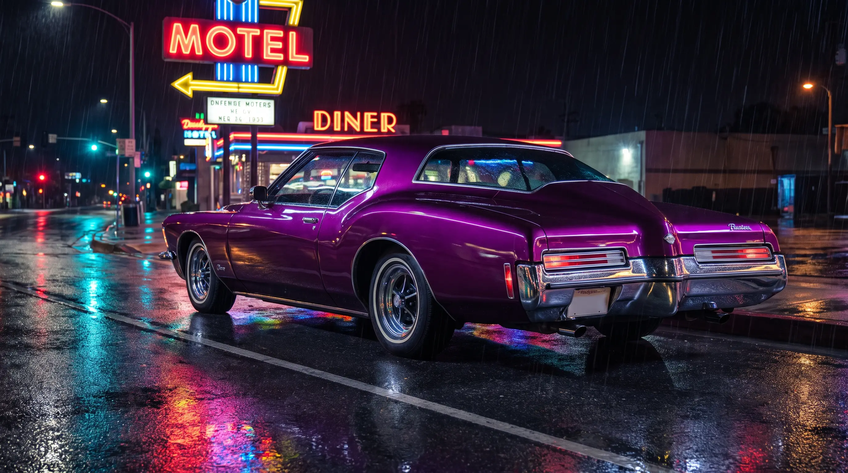 Custom purple 1971 Buick Riviera boat tail under neon city lights at night