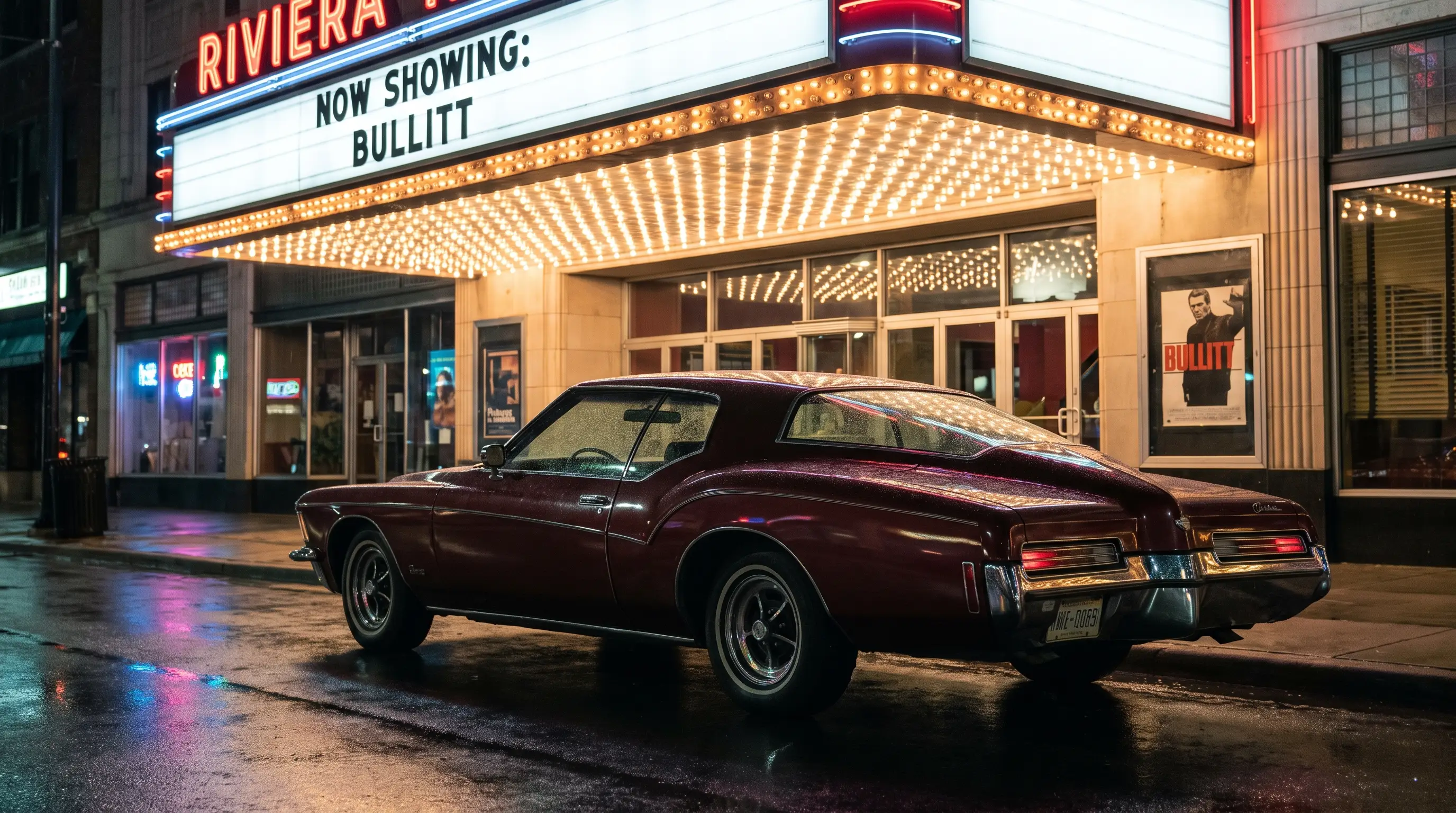 Burgundy 1971 Buick Riviera boat-tail outside a vintage theater with glowing marquee at night