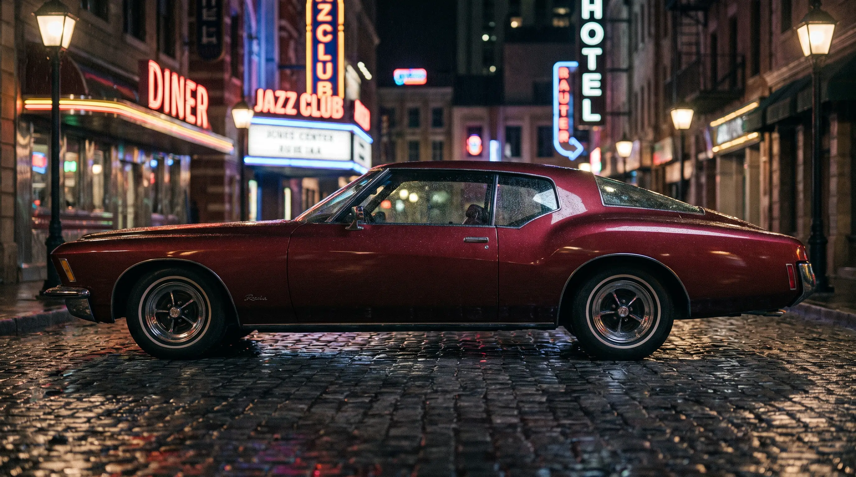 Maroon 1971 Buick Riviera boat-tail coupe on a rain slicked city street at night