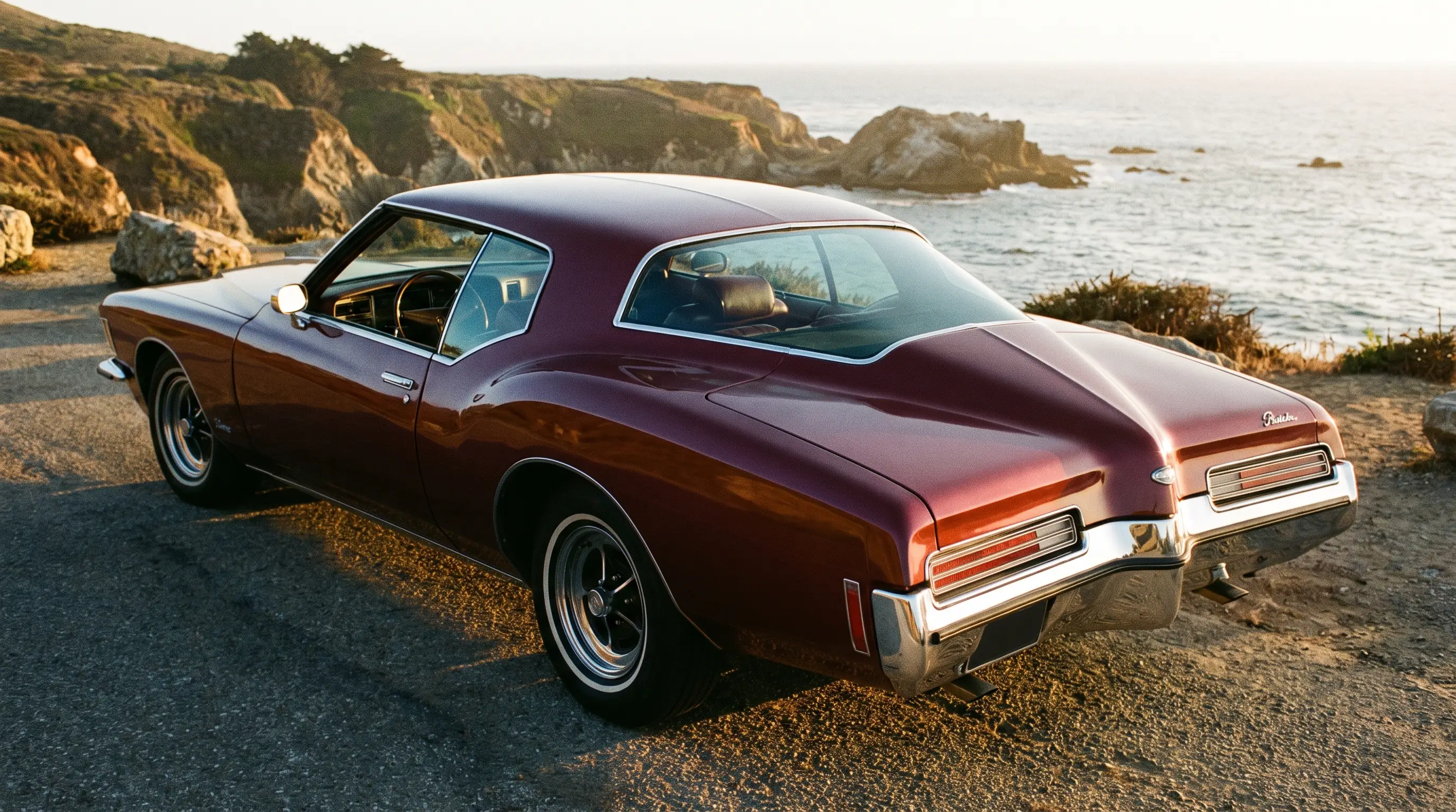 Burgundy boat tail 1971 Buick Riviera parked on a coastal overlook at golden hour