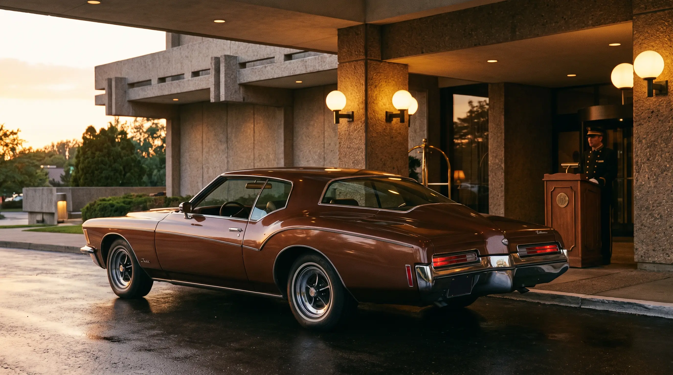 Bronze 1972 Buick Riviera boat tail under an elegant hotel porte cochere at dusk