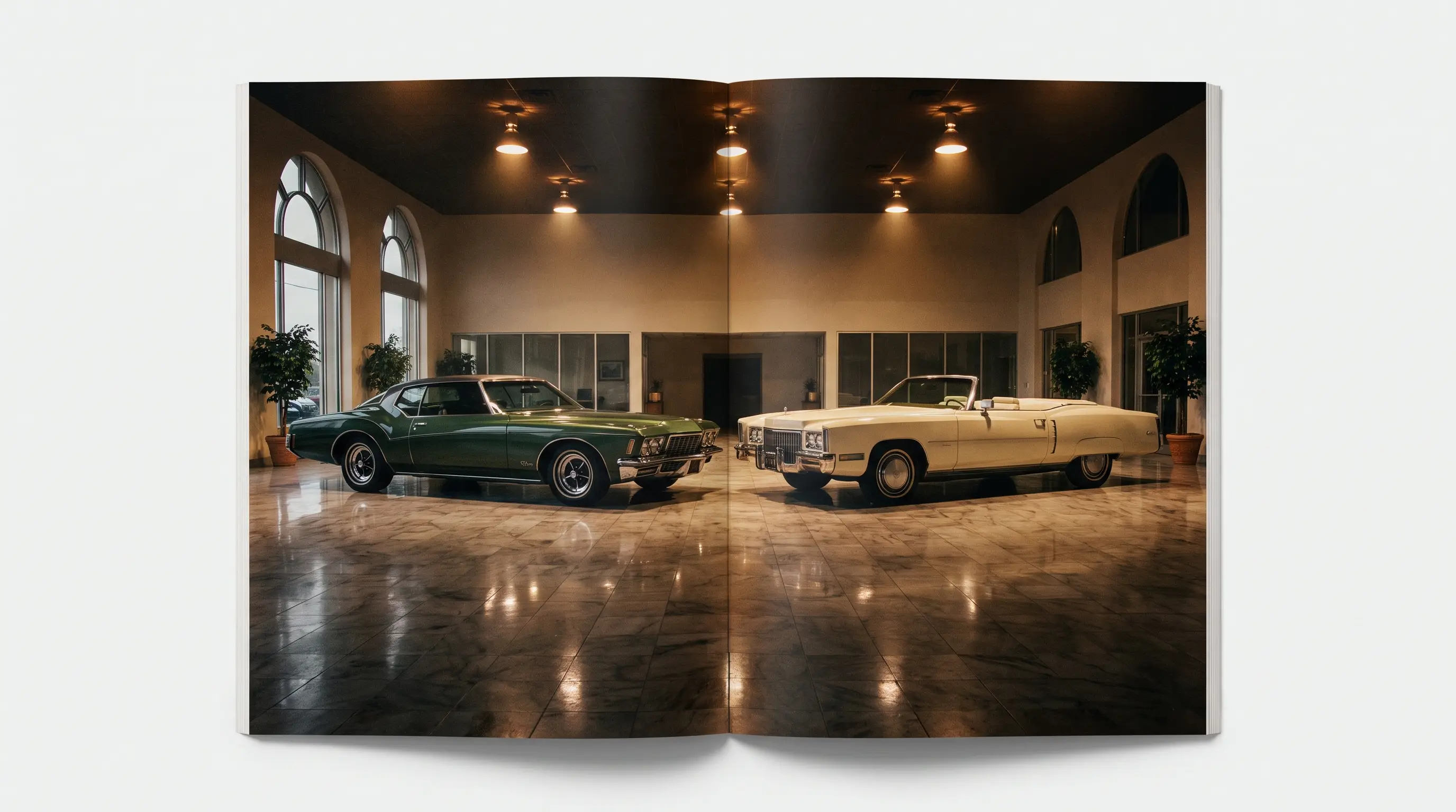 Boat tail Buick Riviera and Cadillac Eldorado nose to nose in a showroom