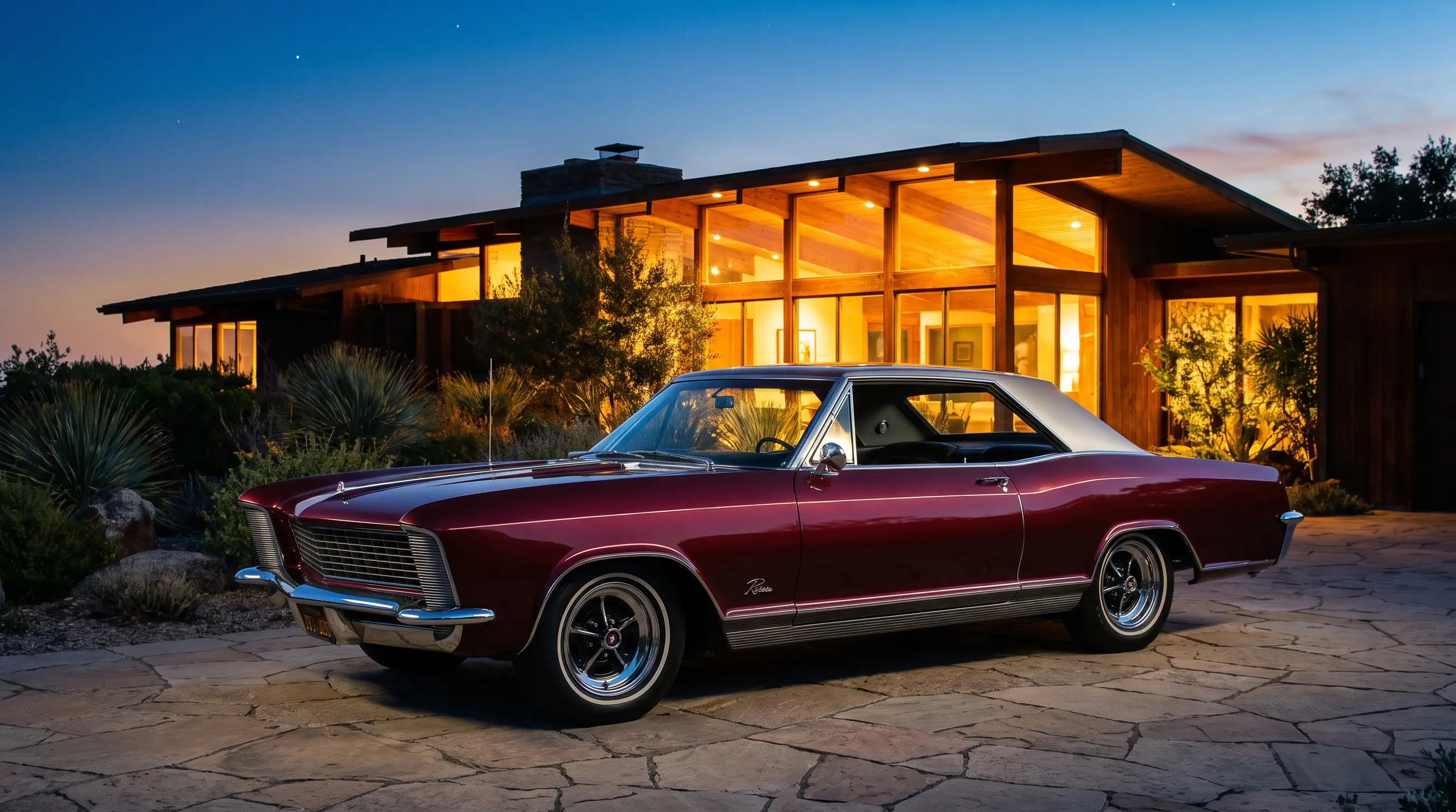 Burgundy Buick Riviera Gran Sport parked outside a glass mansion at dusk