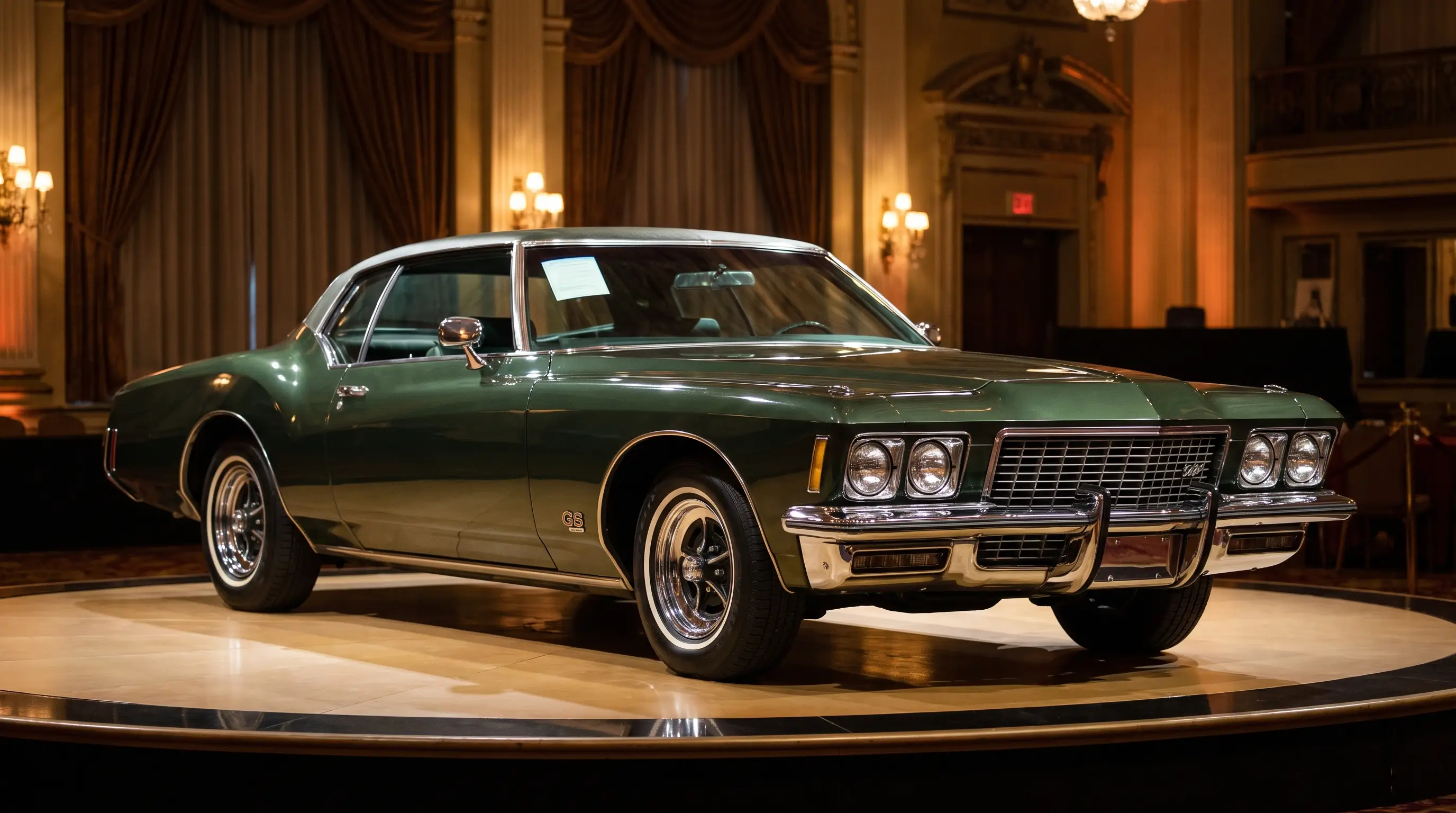 Dark green Buick Riviera GS displayed under dramatic spotlight at a collector car auction