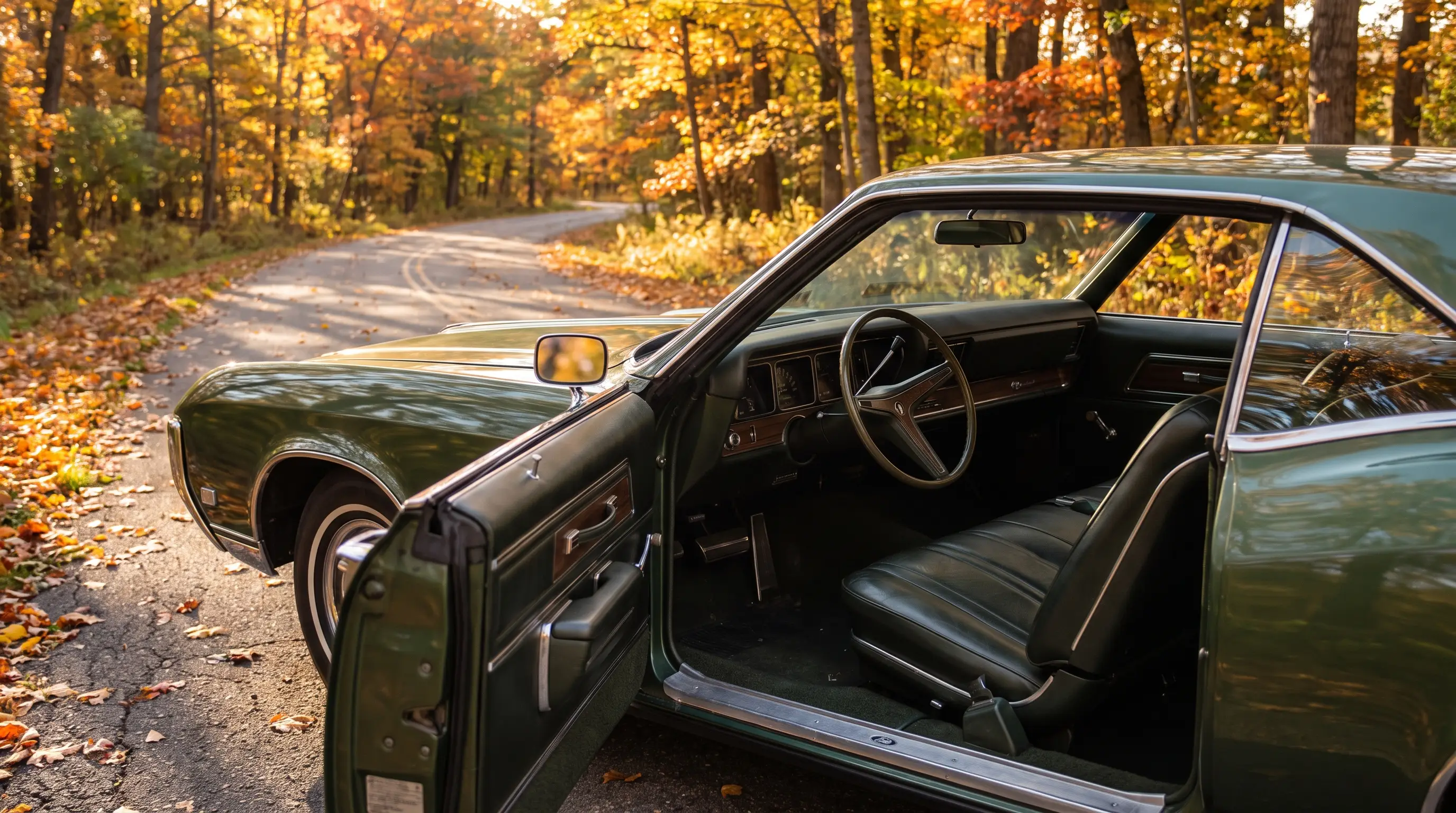 Green 1968 Buick Riviera Gran Sport on an autumn backroad with door open