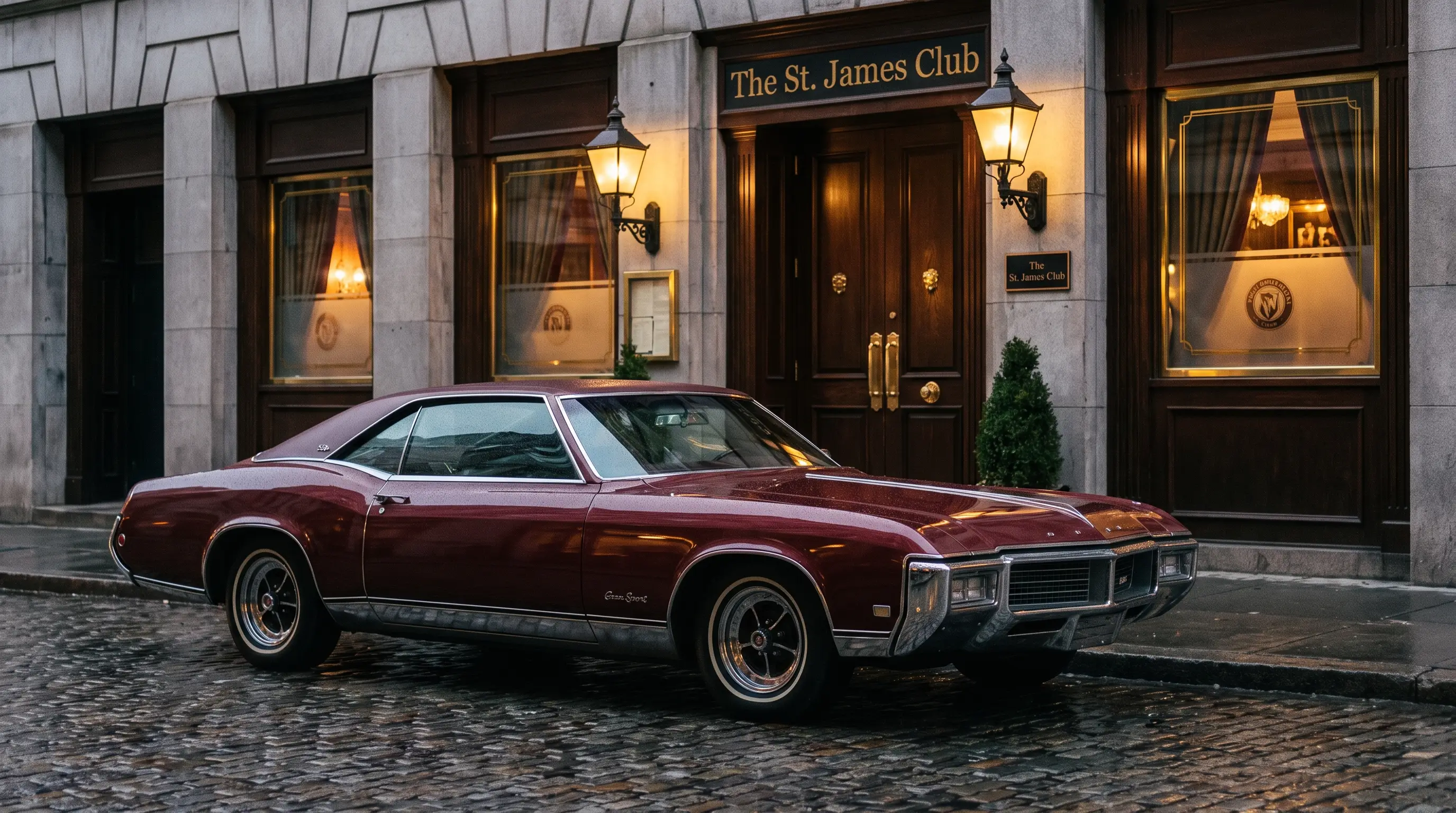 Burgundy 1970 Buick Riviera GS parked outside an elegant club entrance at dusk