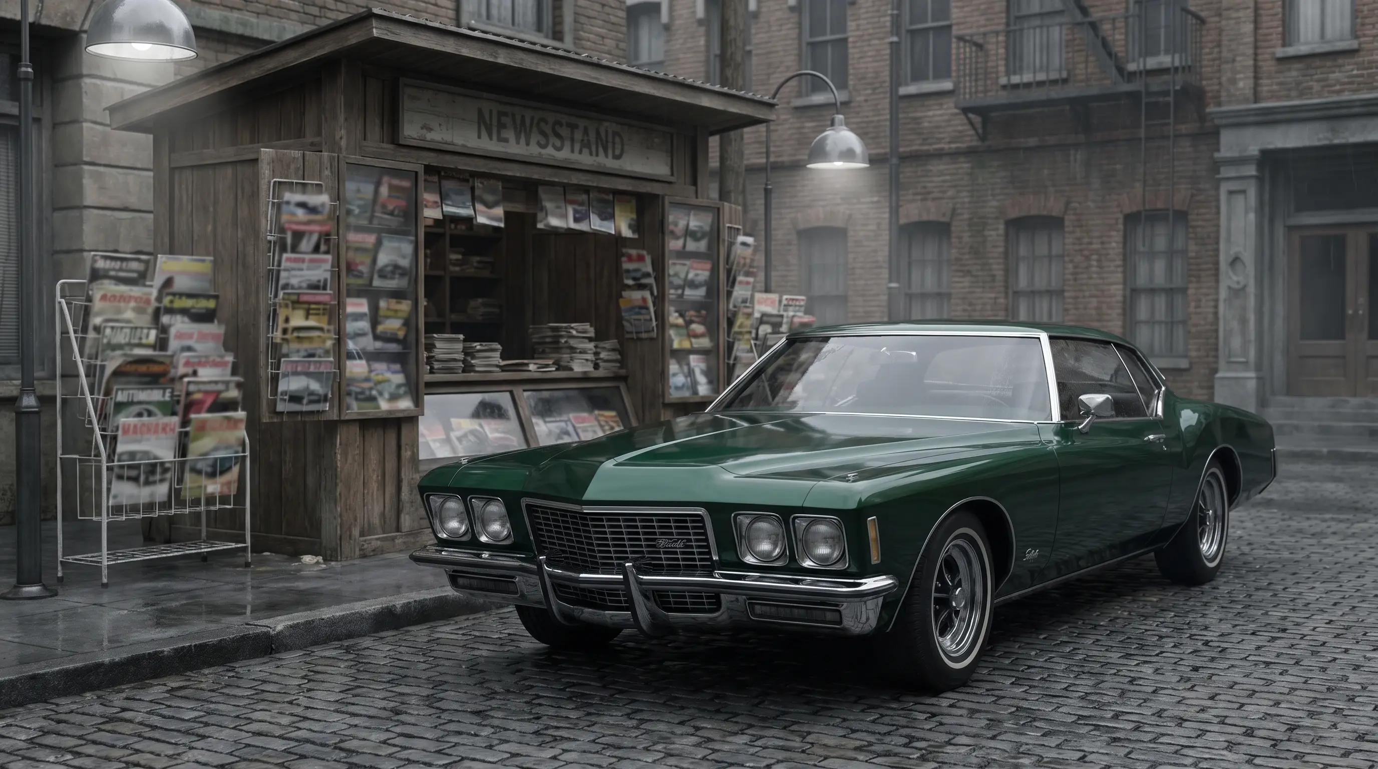 Deep green Buick Riviera Gran Sport parked outside a vintage newsstand under moody light