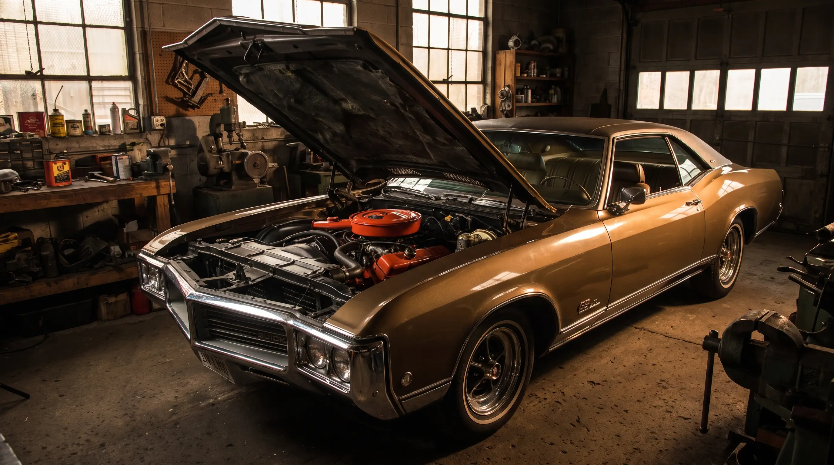 Bronze 1970 Buick Riviera GS with hood open in a moody workshop