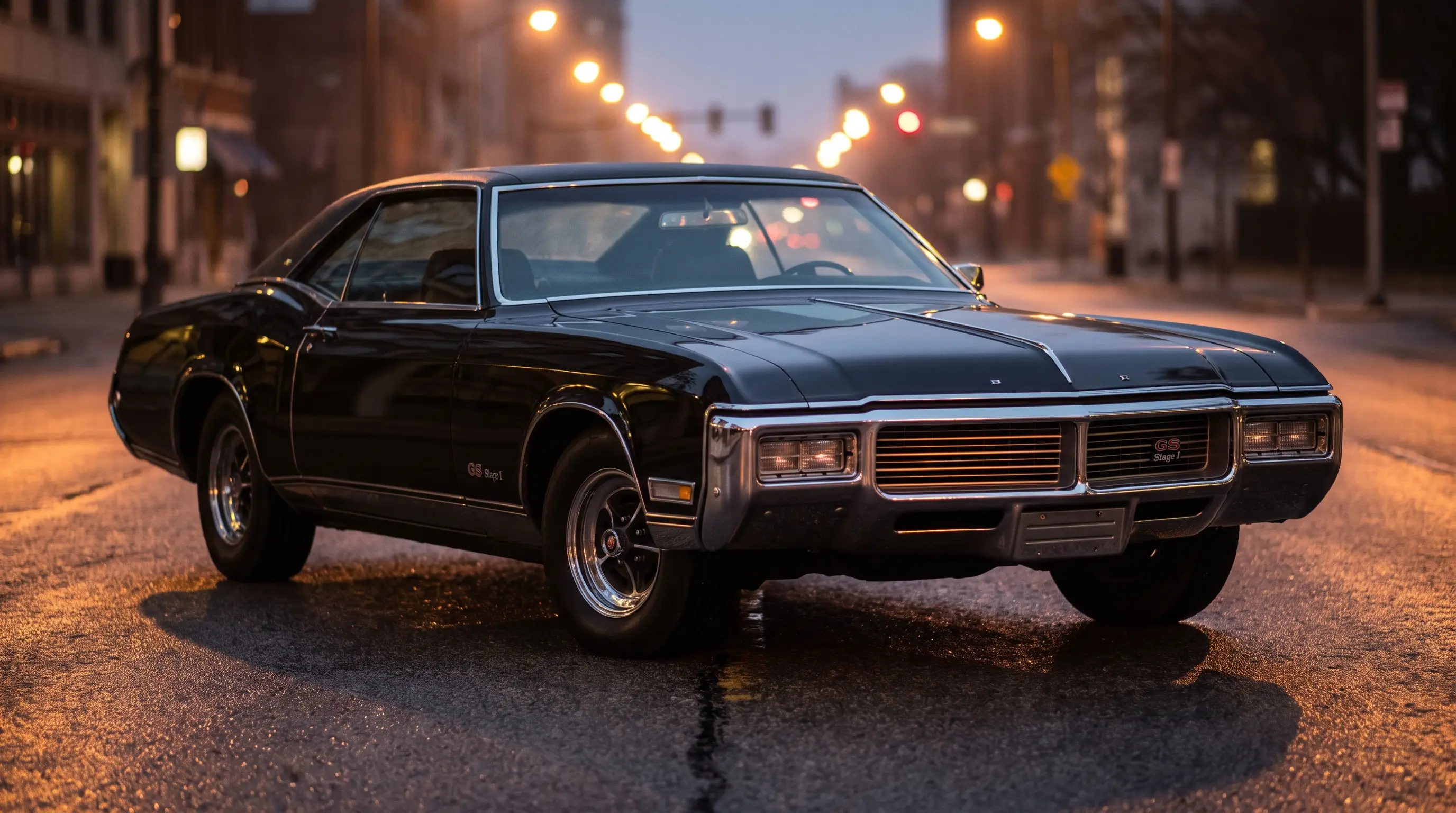 Black 1970 Buick Riviera GS Stage 1 on wet asphalt reflecting streetlights at night