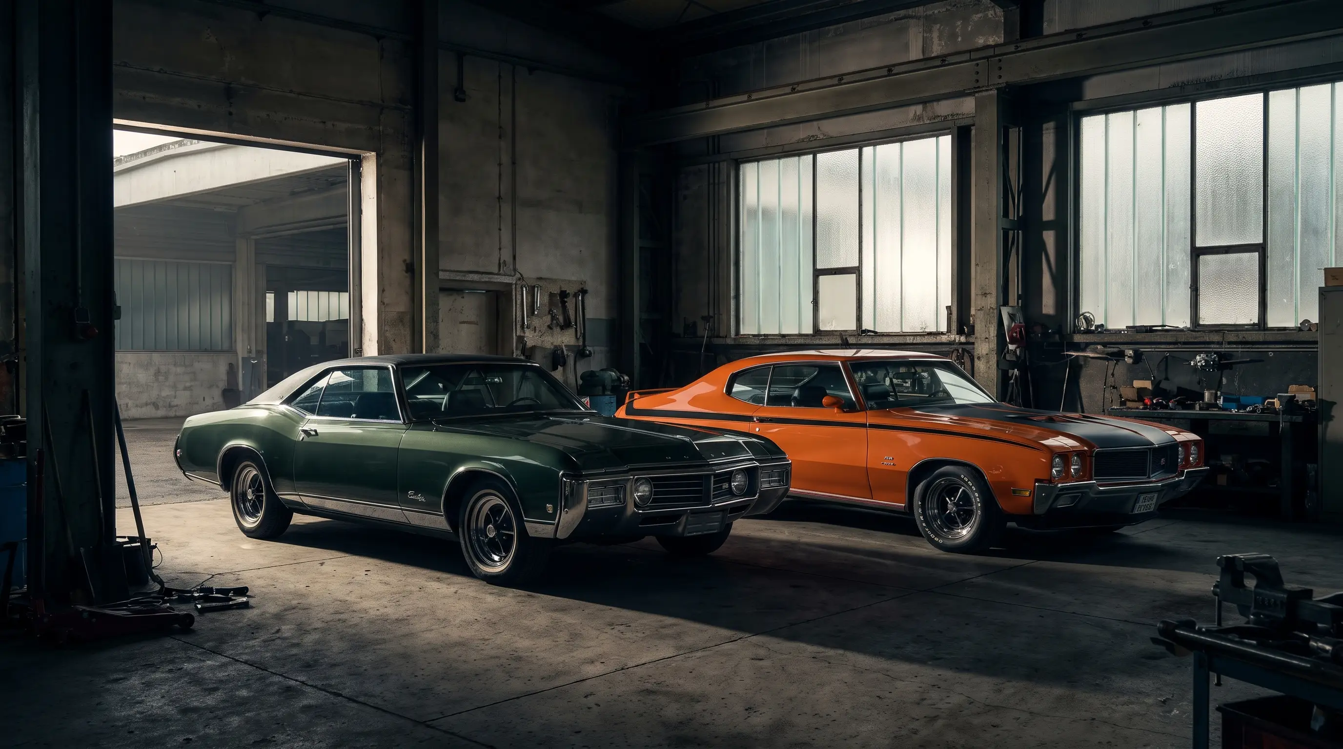 1970 Buick Riviera GS in green beside an orange Buick GSX in a garage