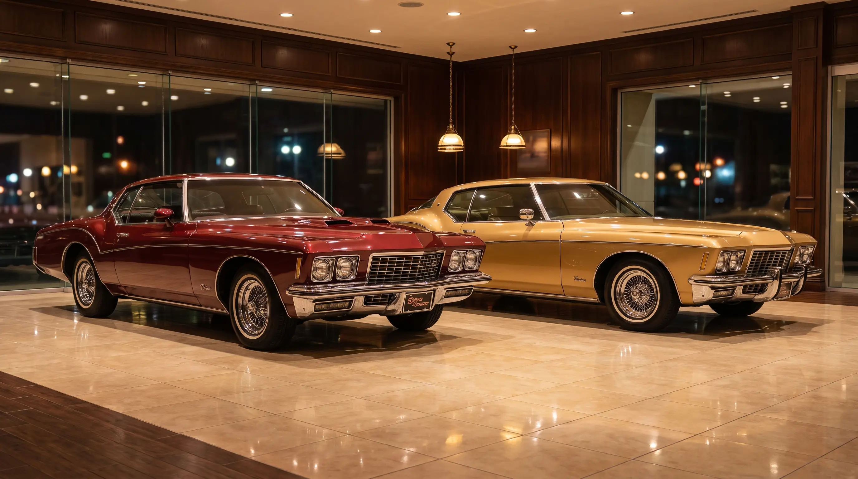 Buick Riviera Gran Sport parked beside a standard Riviera in a showroom