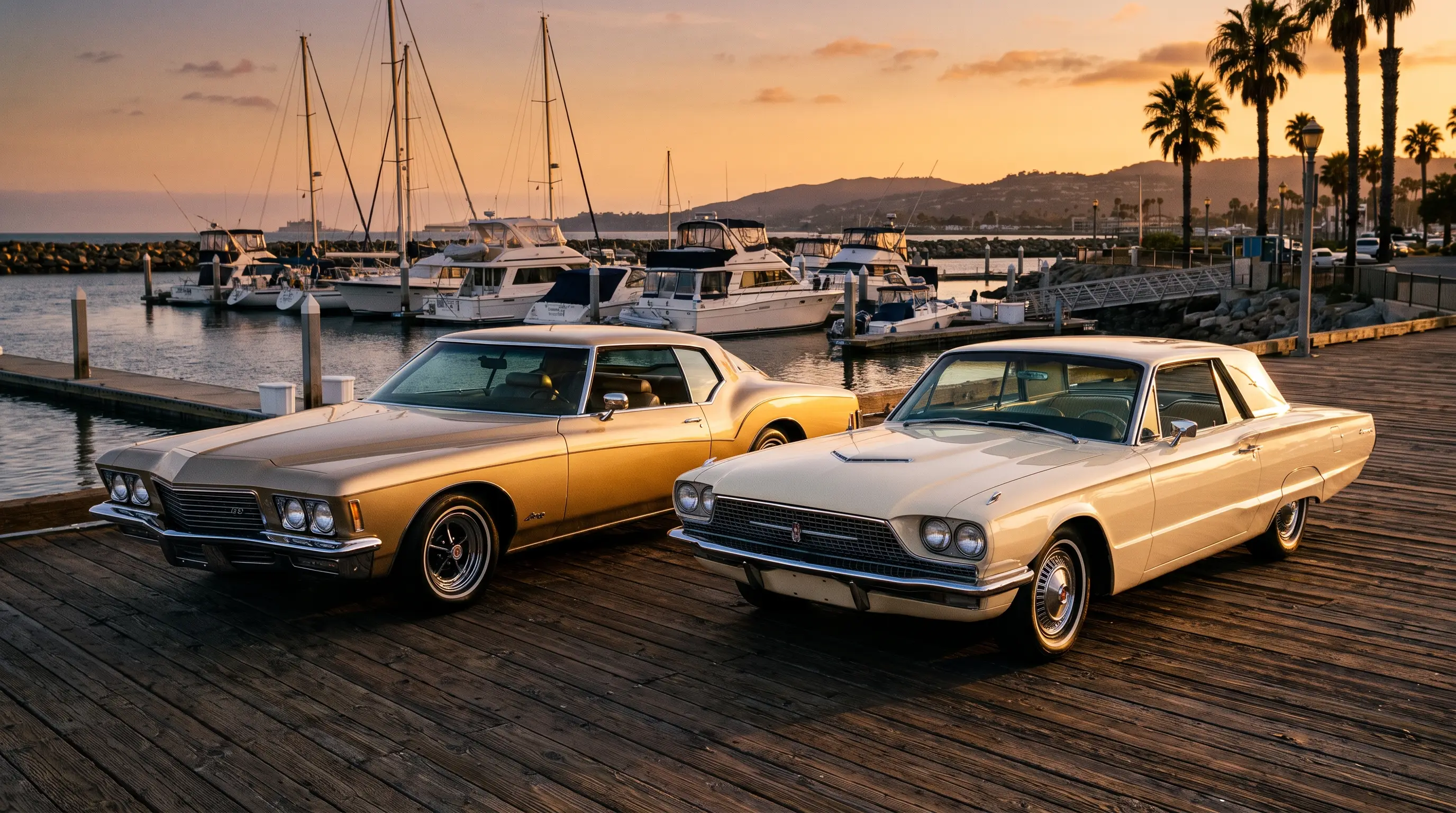 Gold Buick Riviera GS beside a cream Ford Thunderbird on a marina boardwalk at sunset