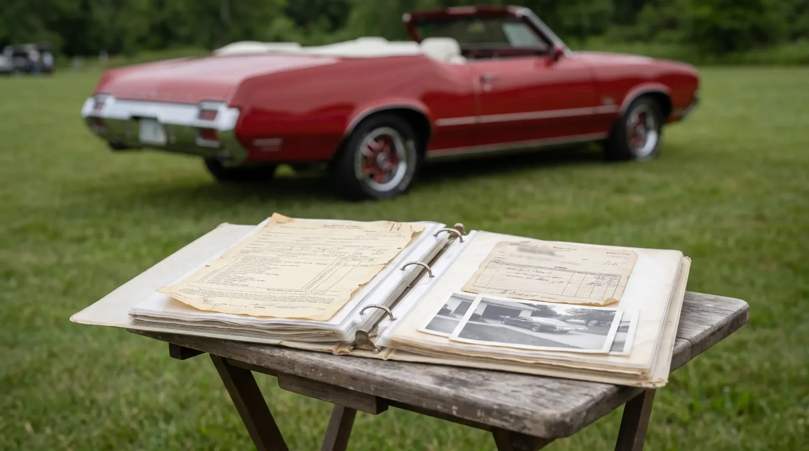 Binder of factory papers and old photos beside a red 1972 Cutlass convertible at a show