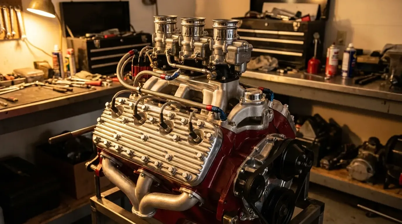 Polished Ford flathead V8 hot-rod engine on a stand with finned aluminum heads and multiple chrome carburetors under warm garage light