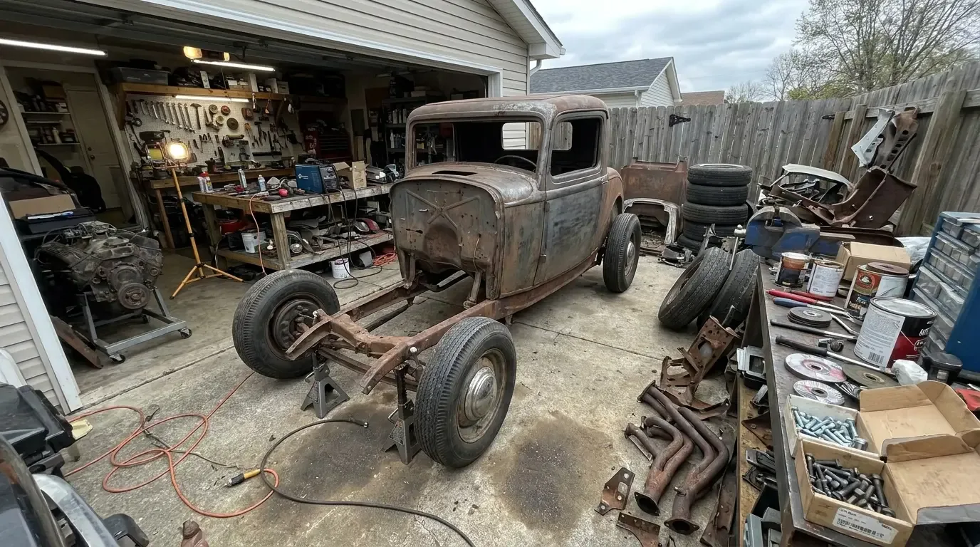 A half-built rat rod on jack stands in a cluttered home garage, its rough rusty 1930s cab partially mounted, surrounded by junkyard parts, tools, and a welder