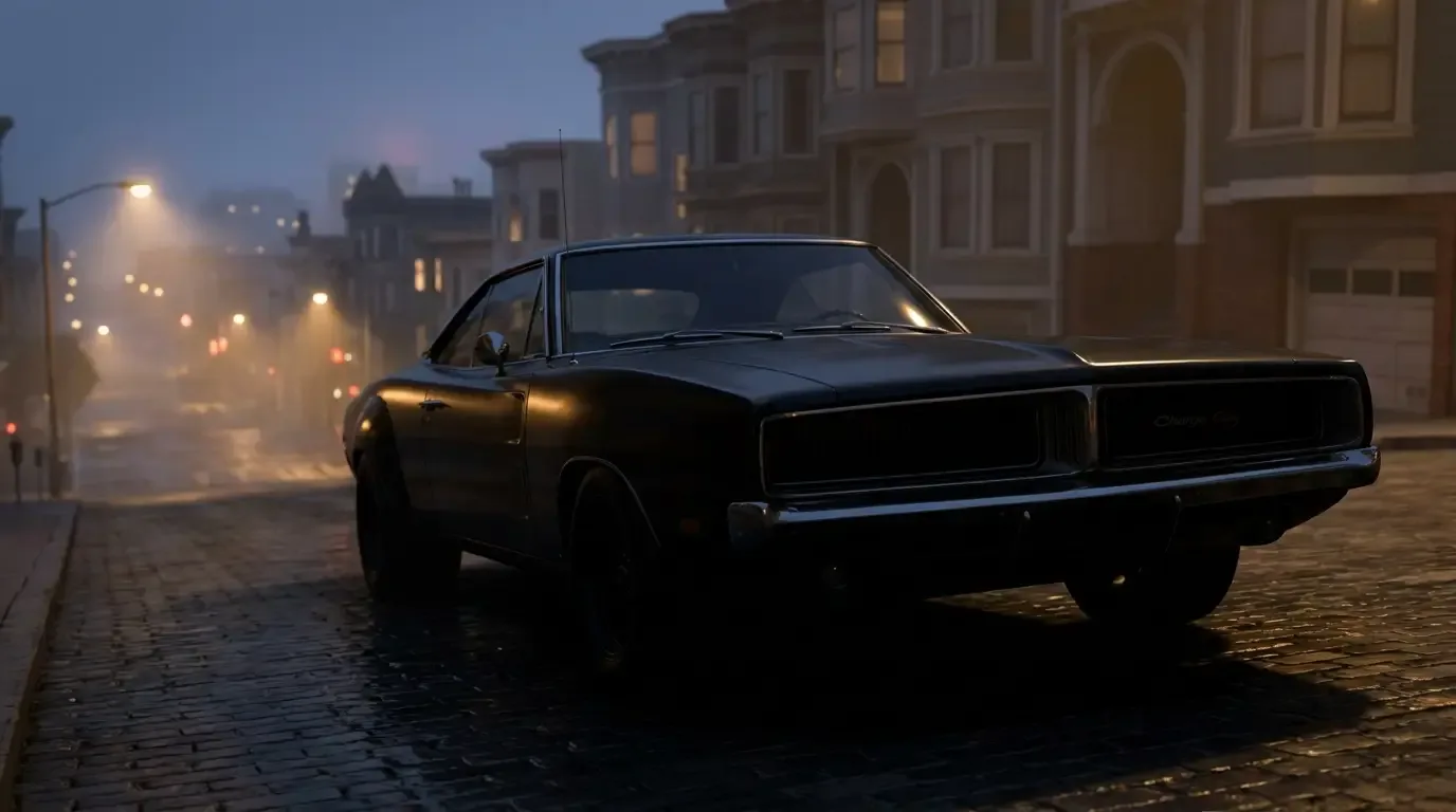Black 1968 Dodge Charger in shadow, hidden headlights closed, coke-bottle body