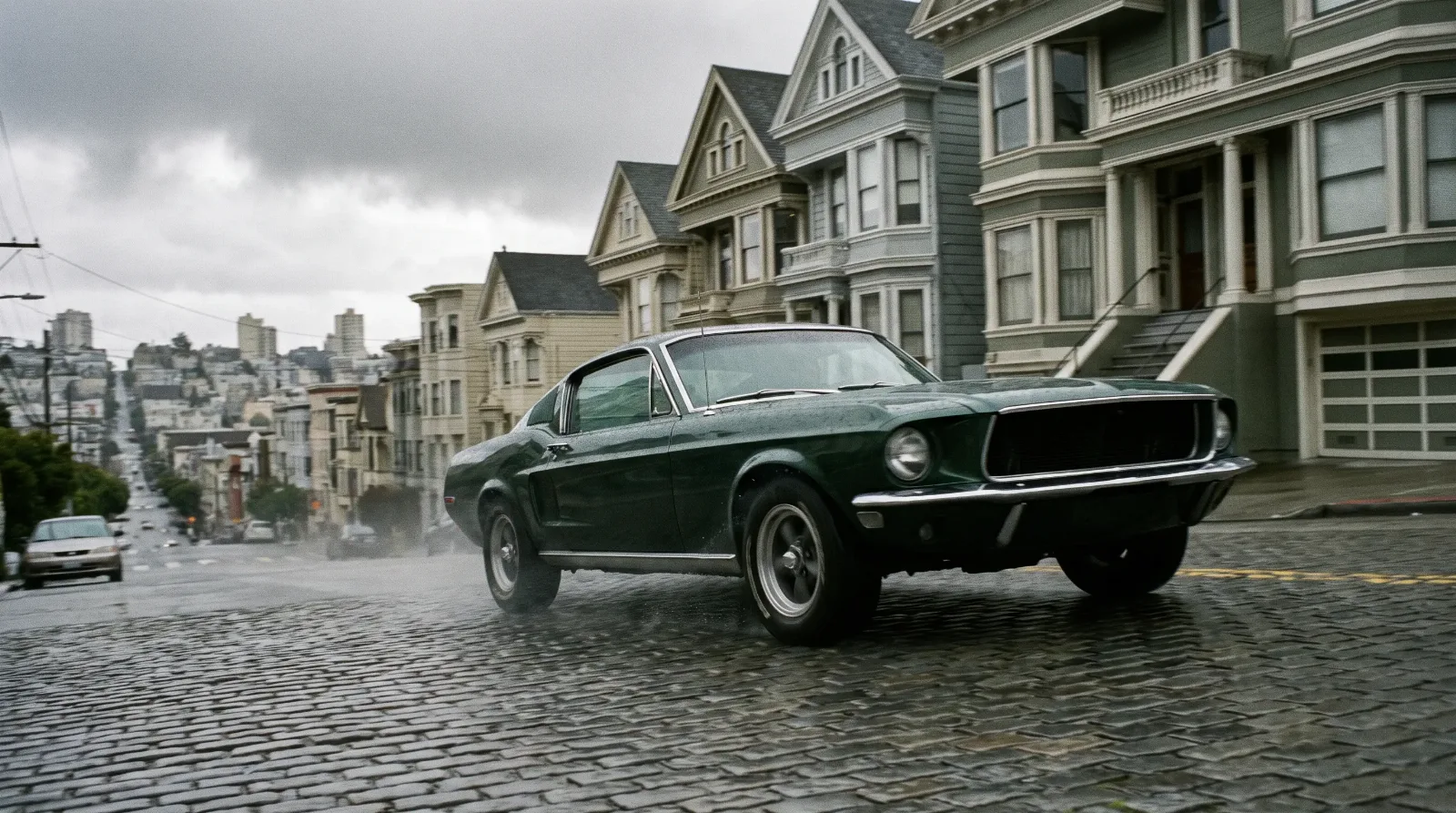 Highland Green 1968 Ford Mustang GT fastback on a San Francisco street