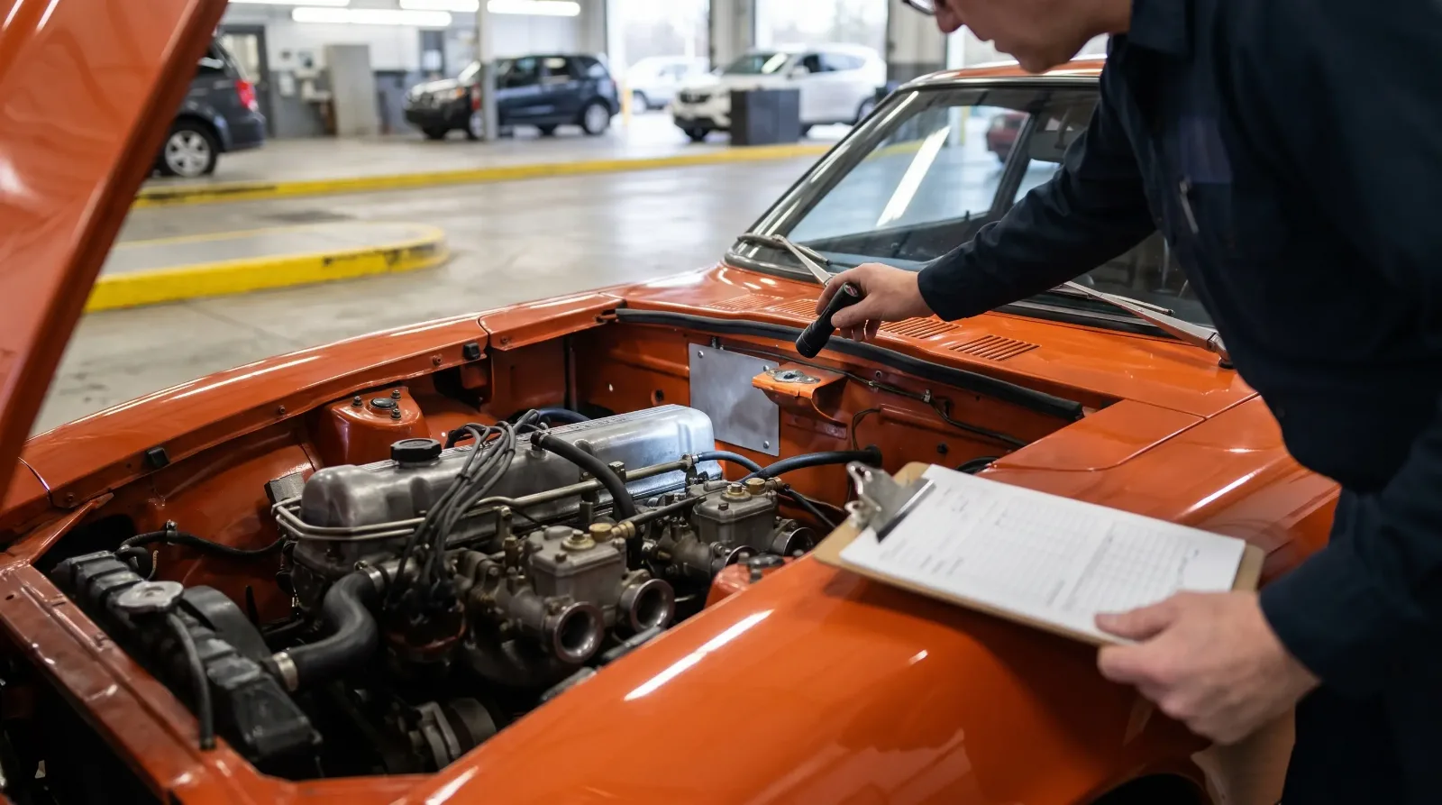 Inspector checks the firewall ID plate of an orange 1972 Datsun 240Z