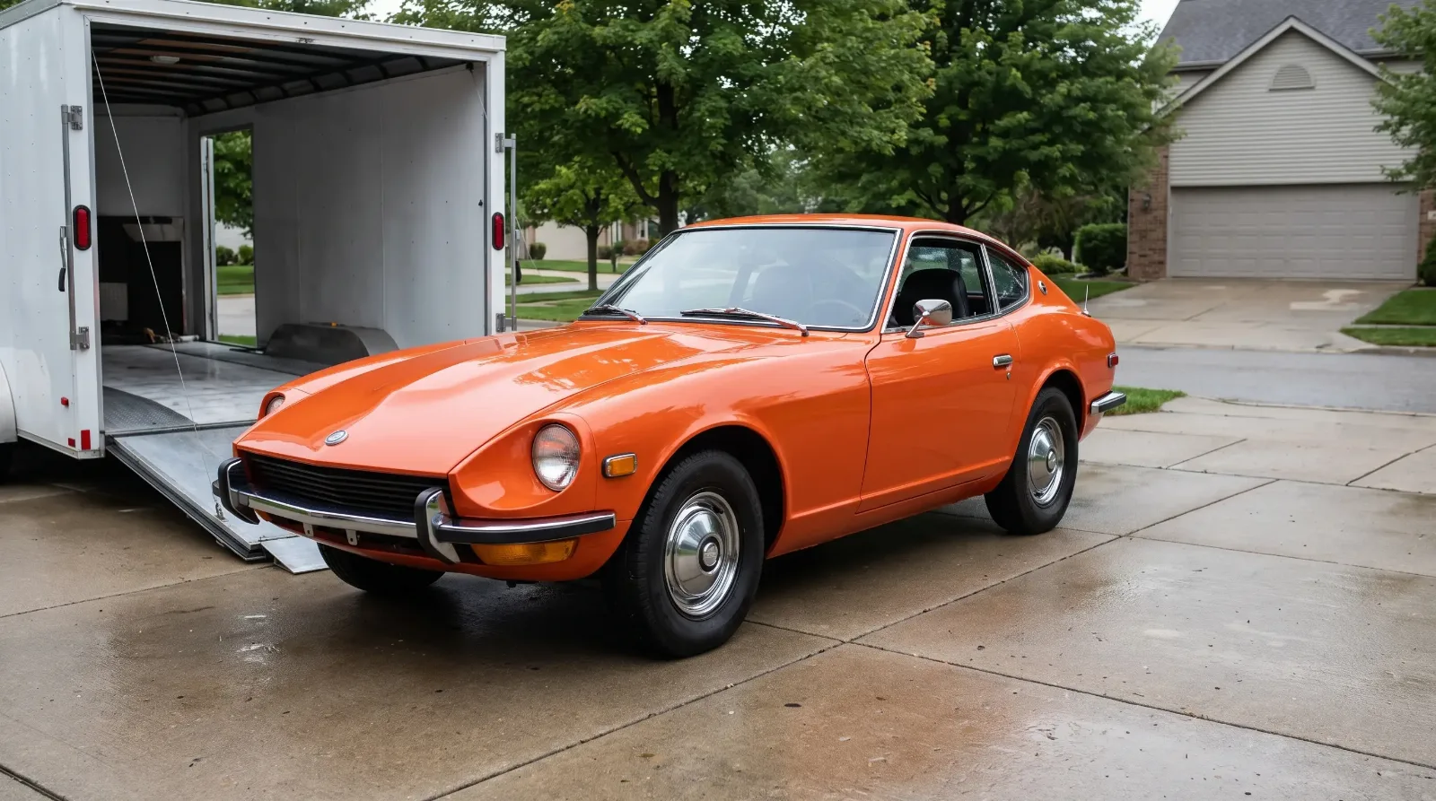 Orange 1972 Datsun 240Z just unloaded from an enclosed trailer in a suburban driveway