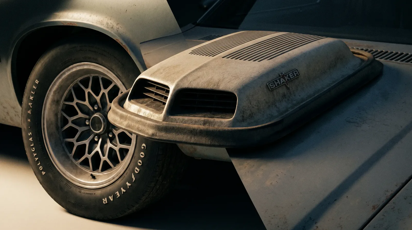 1974 GTO shaker hood scoop and honeycomb wheel detail