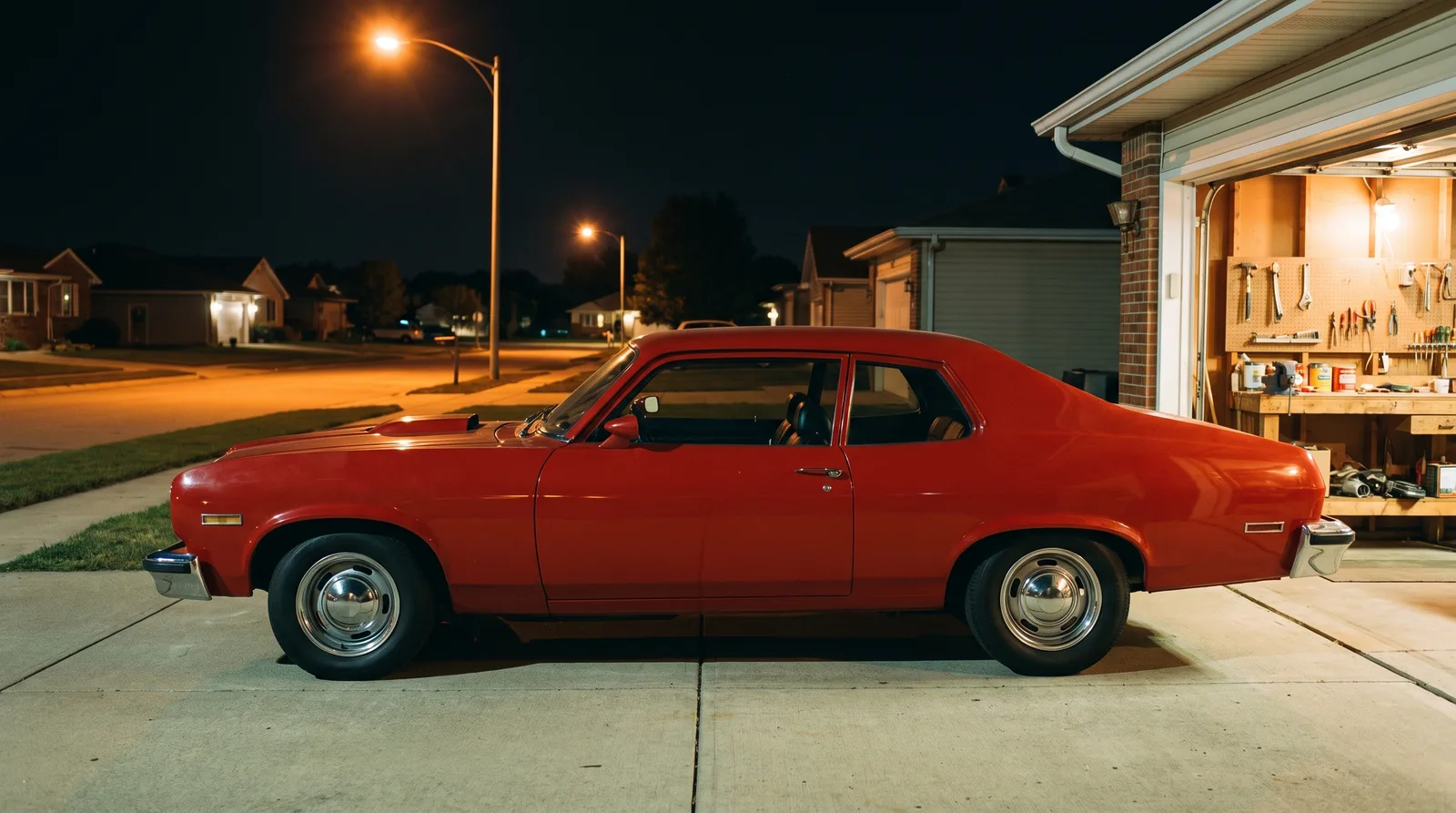 1974 Pontiac Ventura GTO, profile outside an open home garage at night