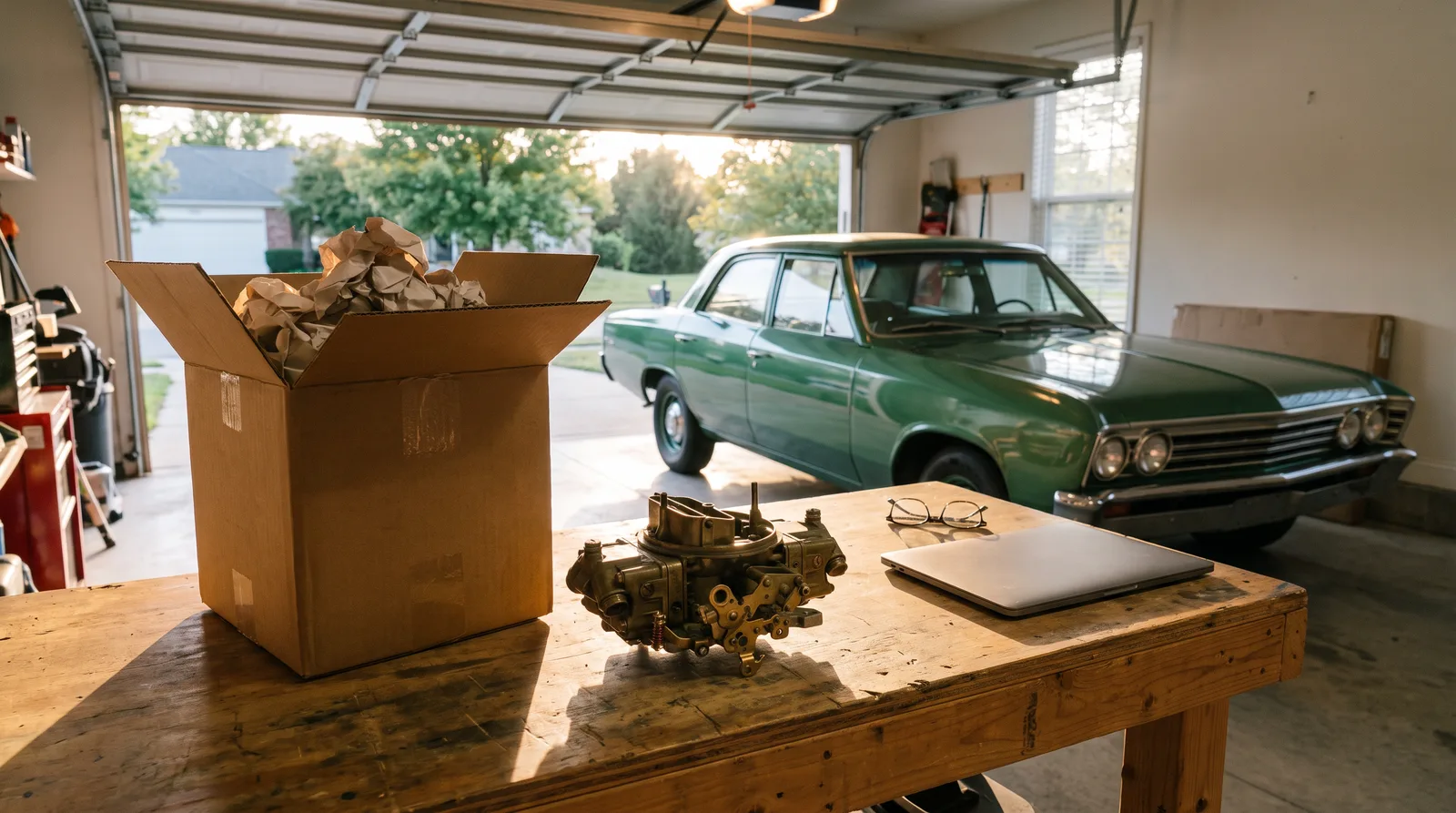 Vintage four-barrel carburetor, unboxed on a home garage workbench