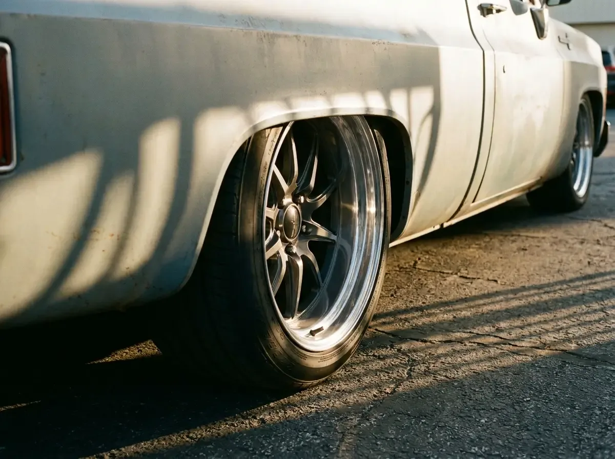 4/6 dropped C10 rear wheel -- wide tire tucked under the bed lip