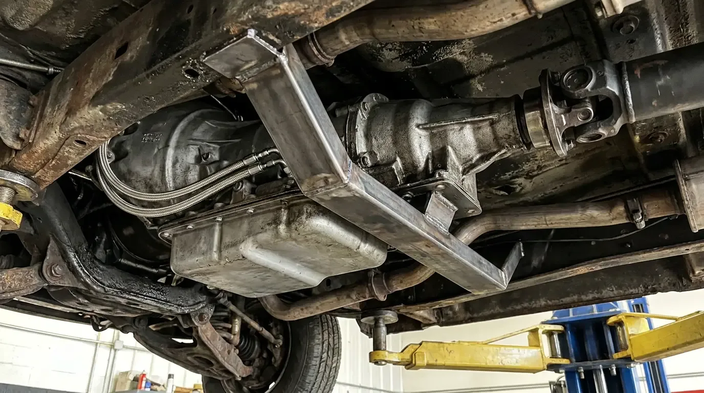 1970s Chevrolet C10 underbody -- transmission crossmember and driveshaft mount