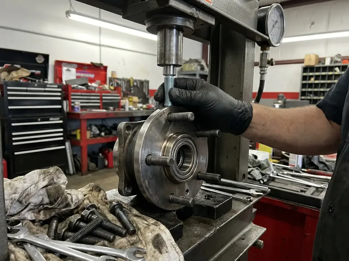 Chevrolet C10 hub with new 5-lug studs being pressed in