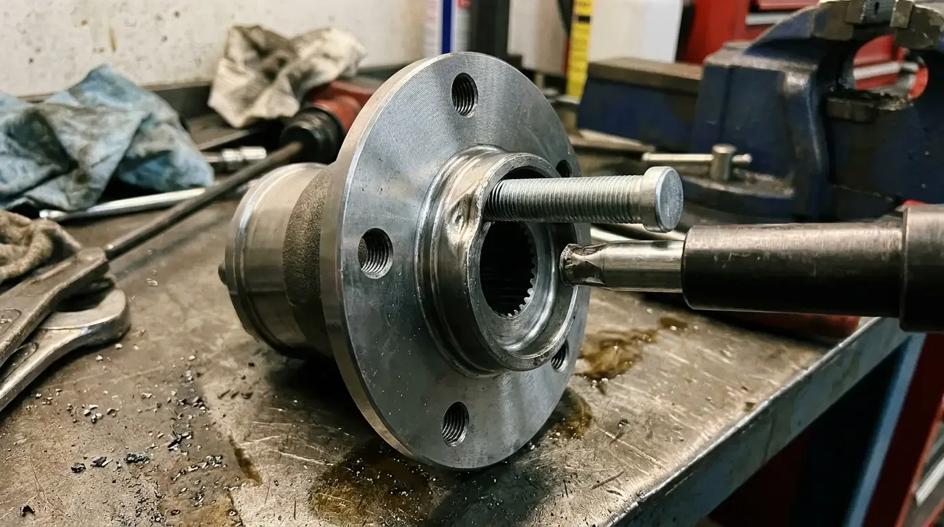 C10 hub with new 5-lug studs being pressed in