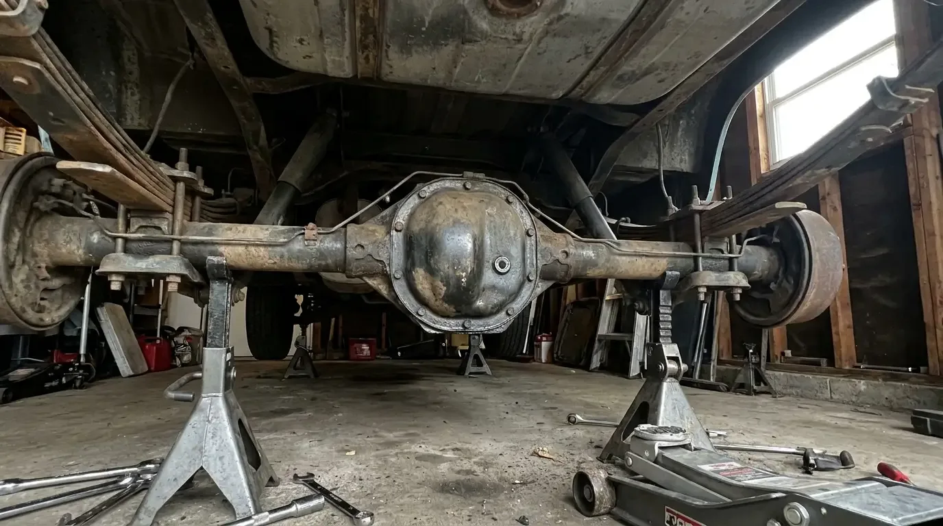 Ford 9-inch third member installed under a jacked-up C10