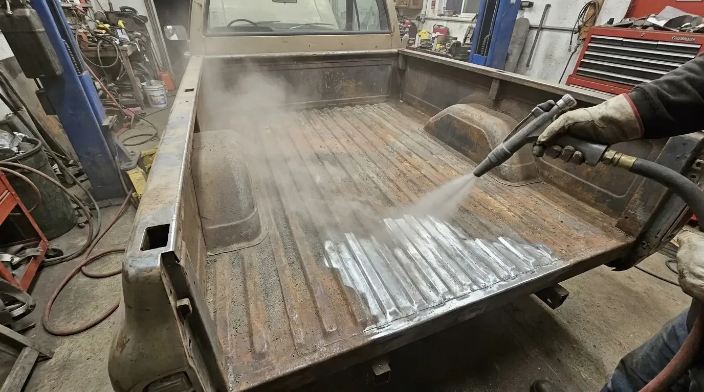 C10 truck bed floor being sandblasted to bare metal