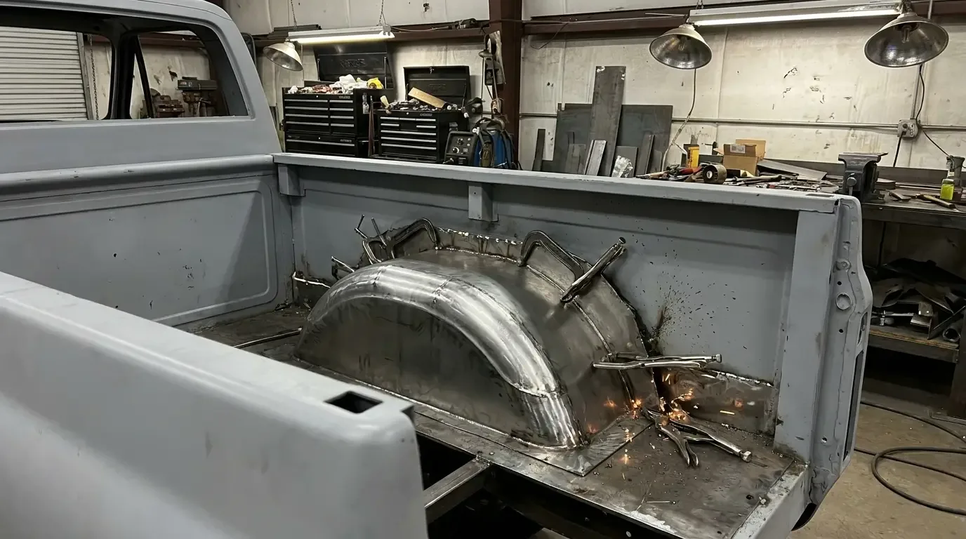 C10 wheel tub panel tack-welded into bed